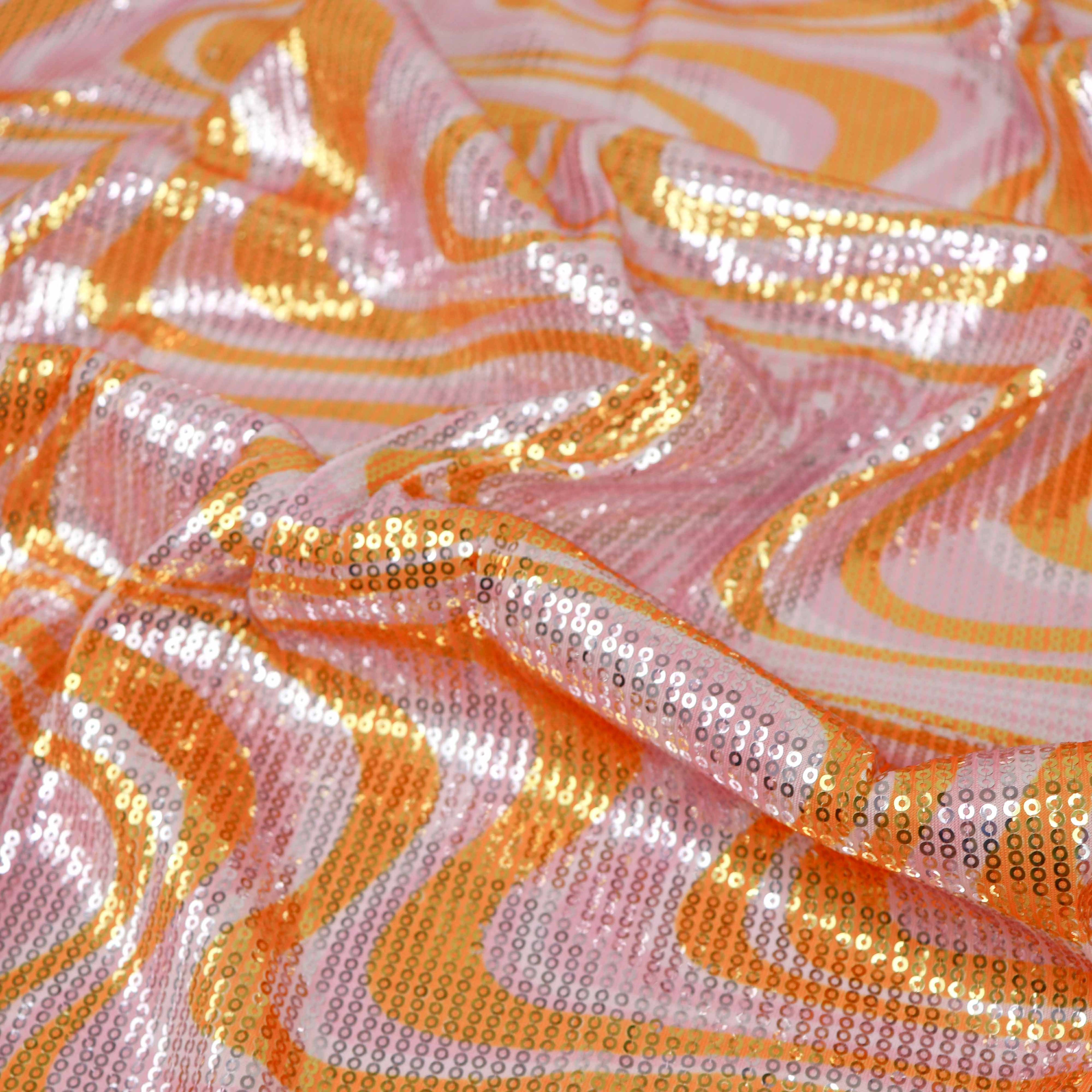 Pink & Orange Geometric Print Stretch Sequin Fabric
