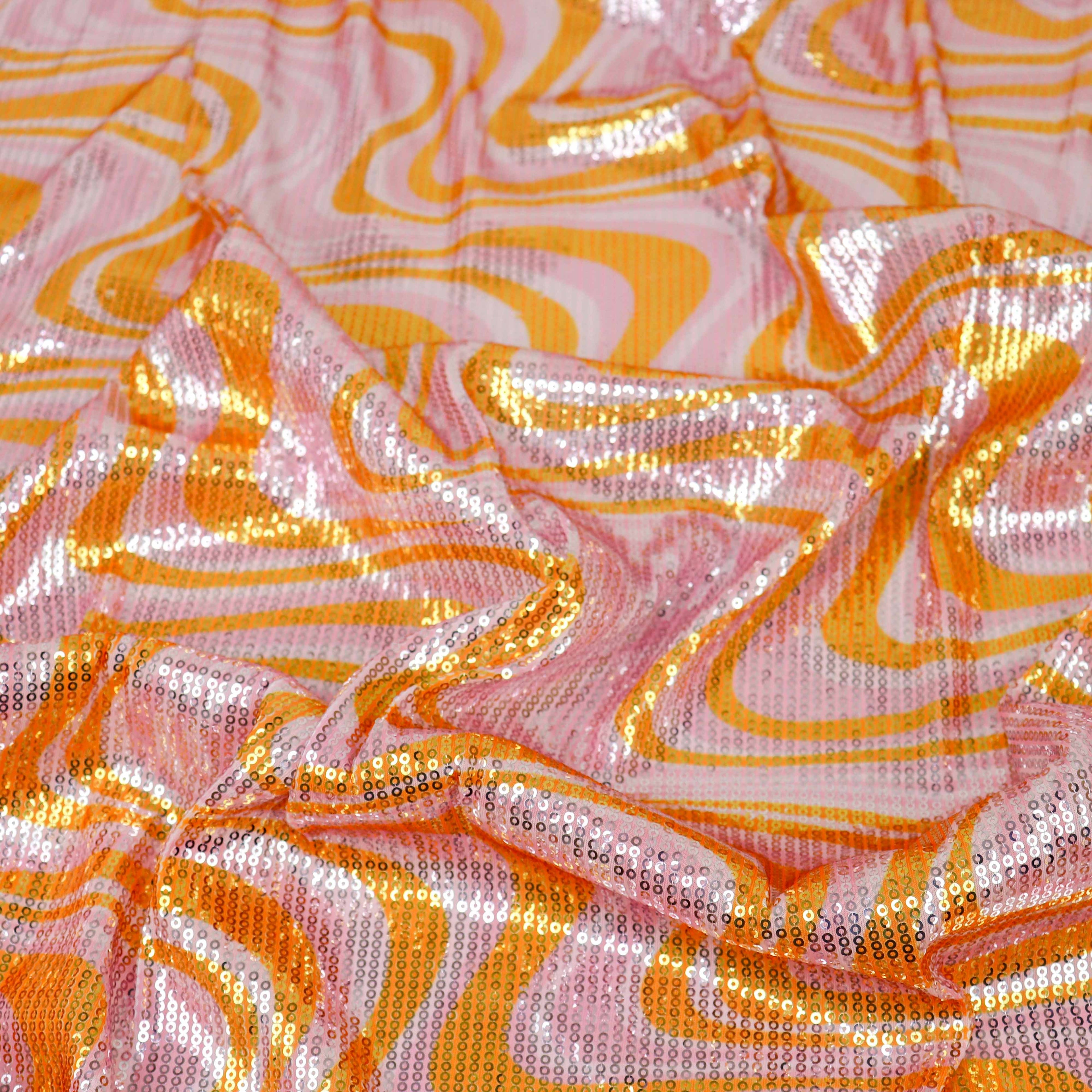 Pink & Orange Geometric Print Stretch Sequin Fabric