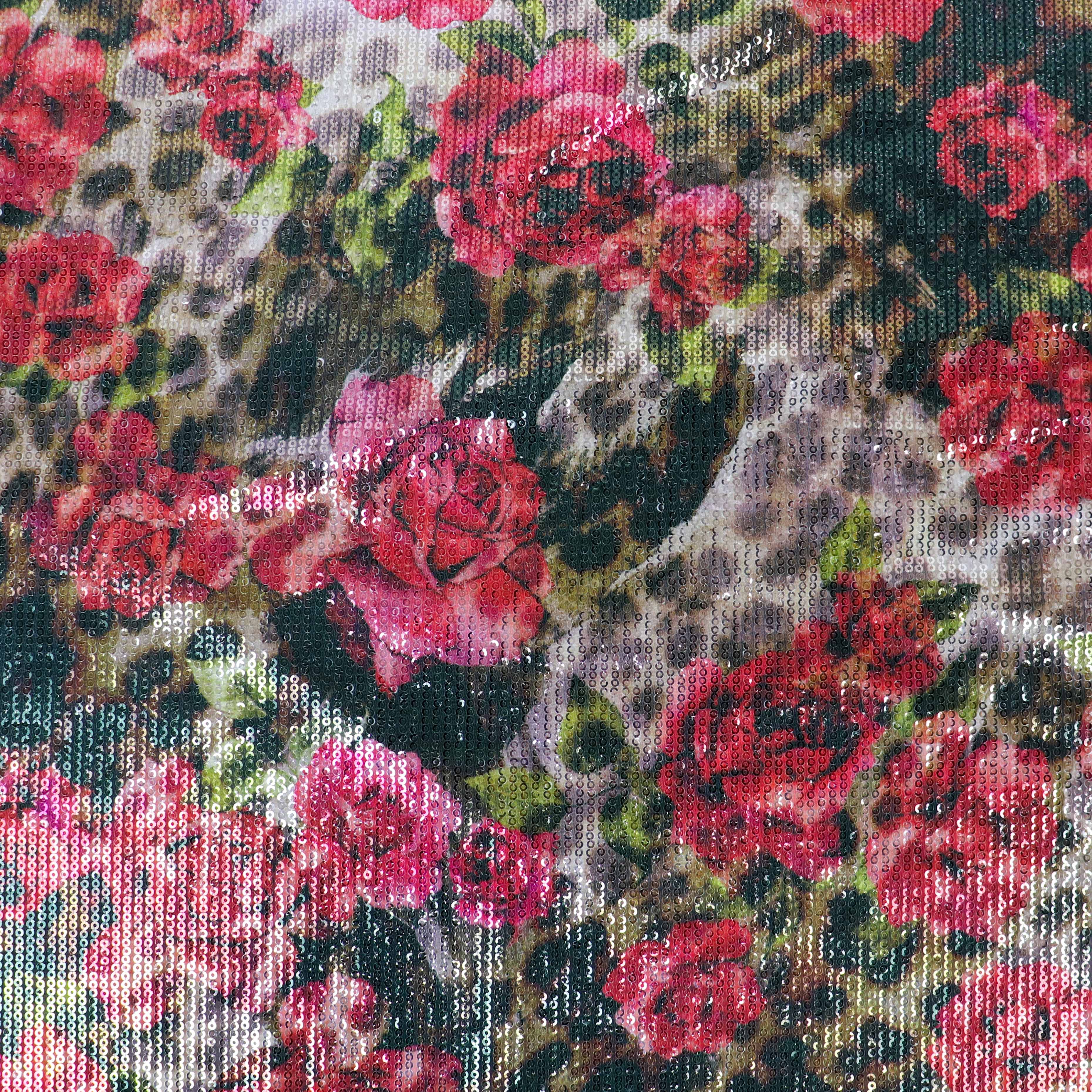 Brown Leopard & Red Rose Floral Print Stretch Sequin Fabric