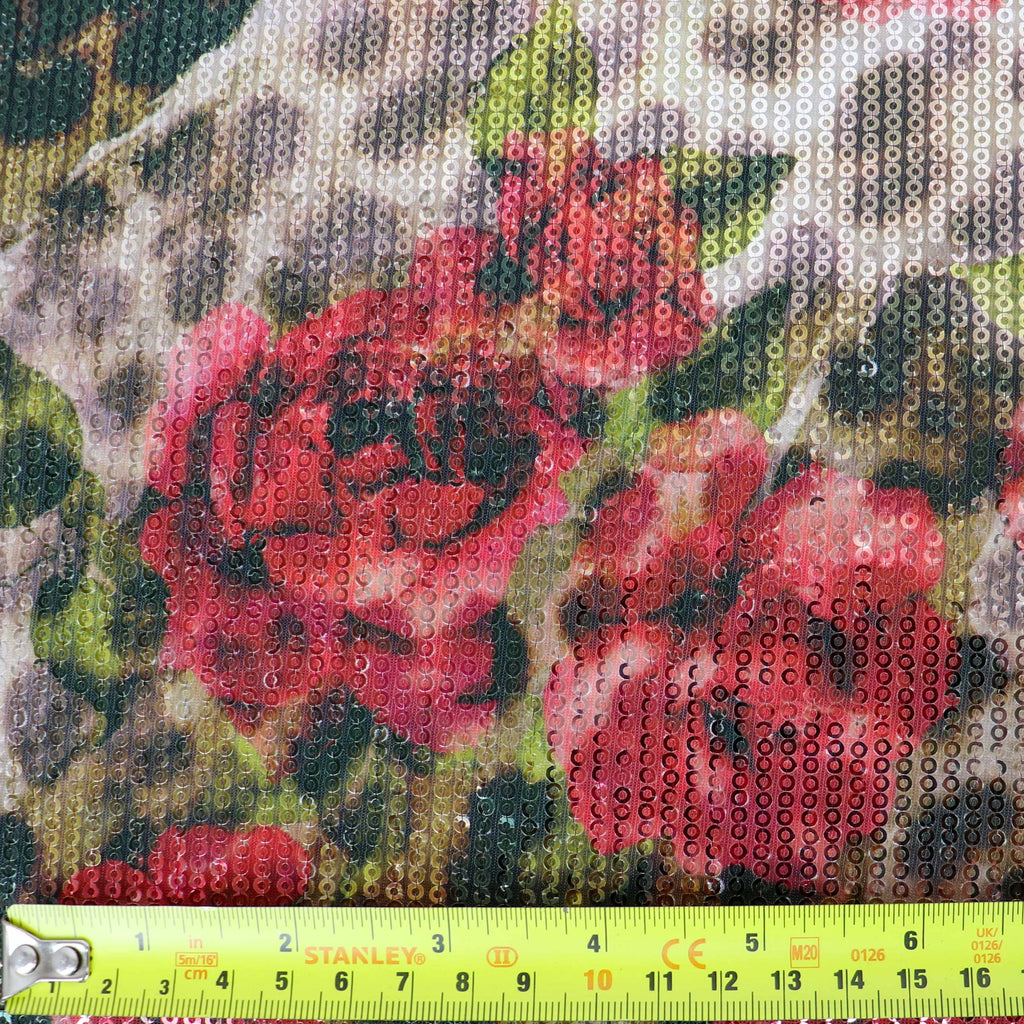 Brown Leopard & Red Rose Floral Print Stretch Sequin Fabric