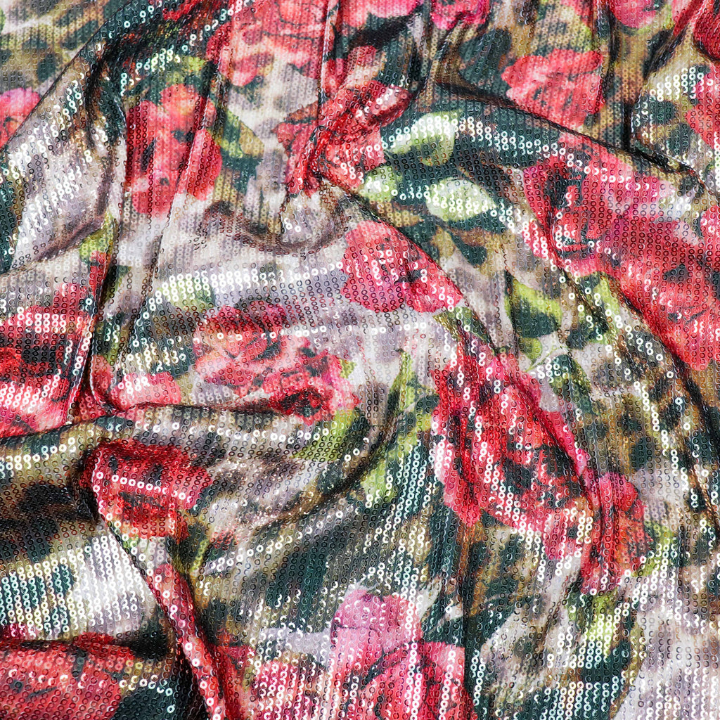 Brown Leopard & Red Rose Floral Print Stretch Sequin Fabric