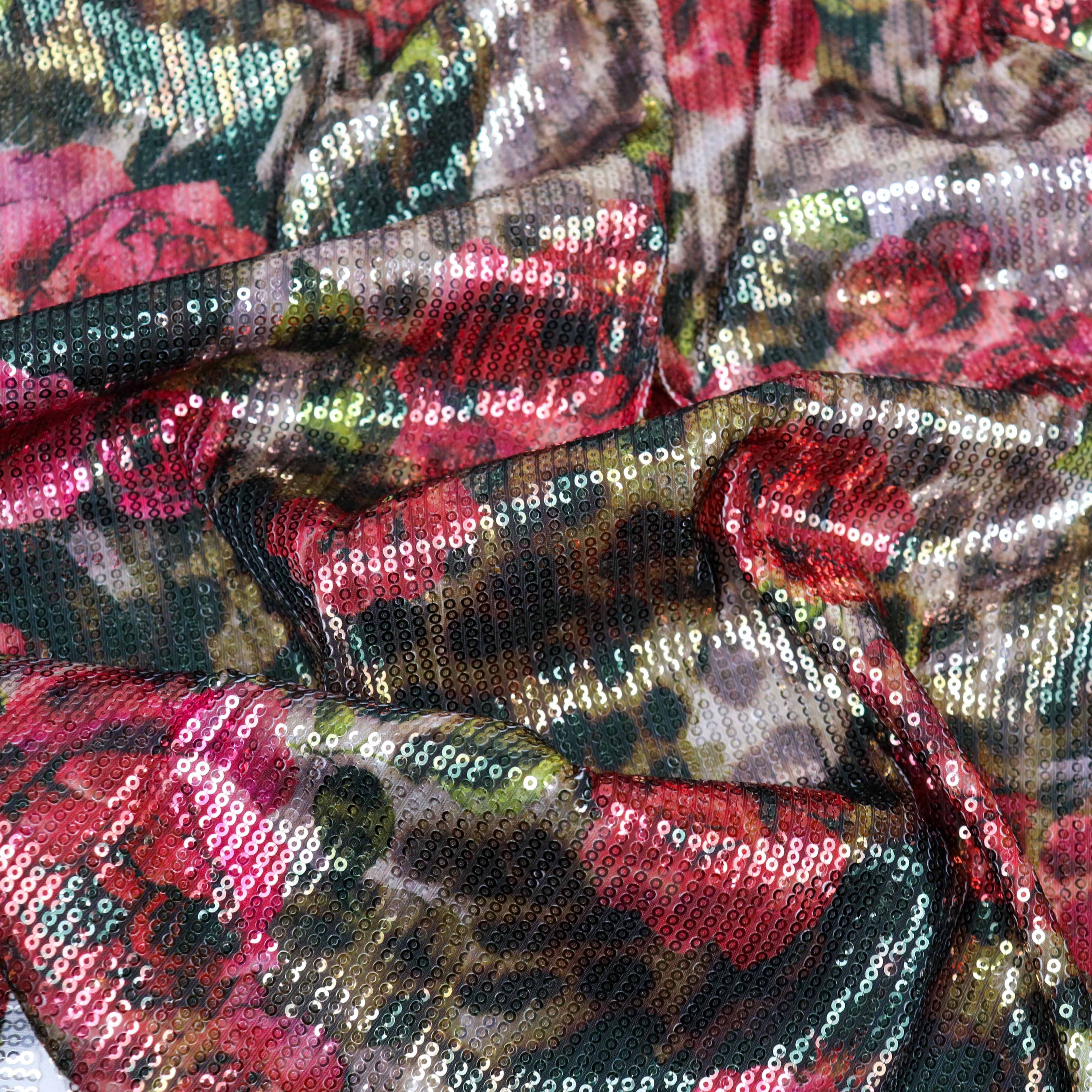 Brown Leopard & Red Rose Floral Print Stretch Sequin Fabric