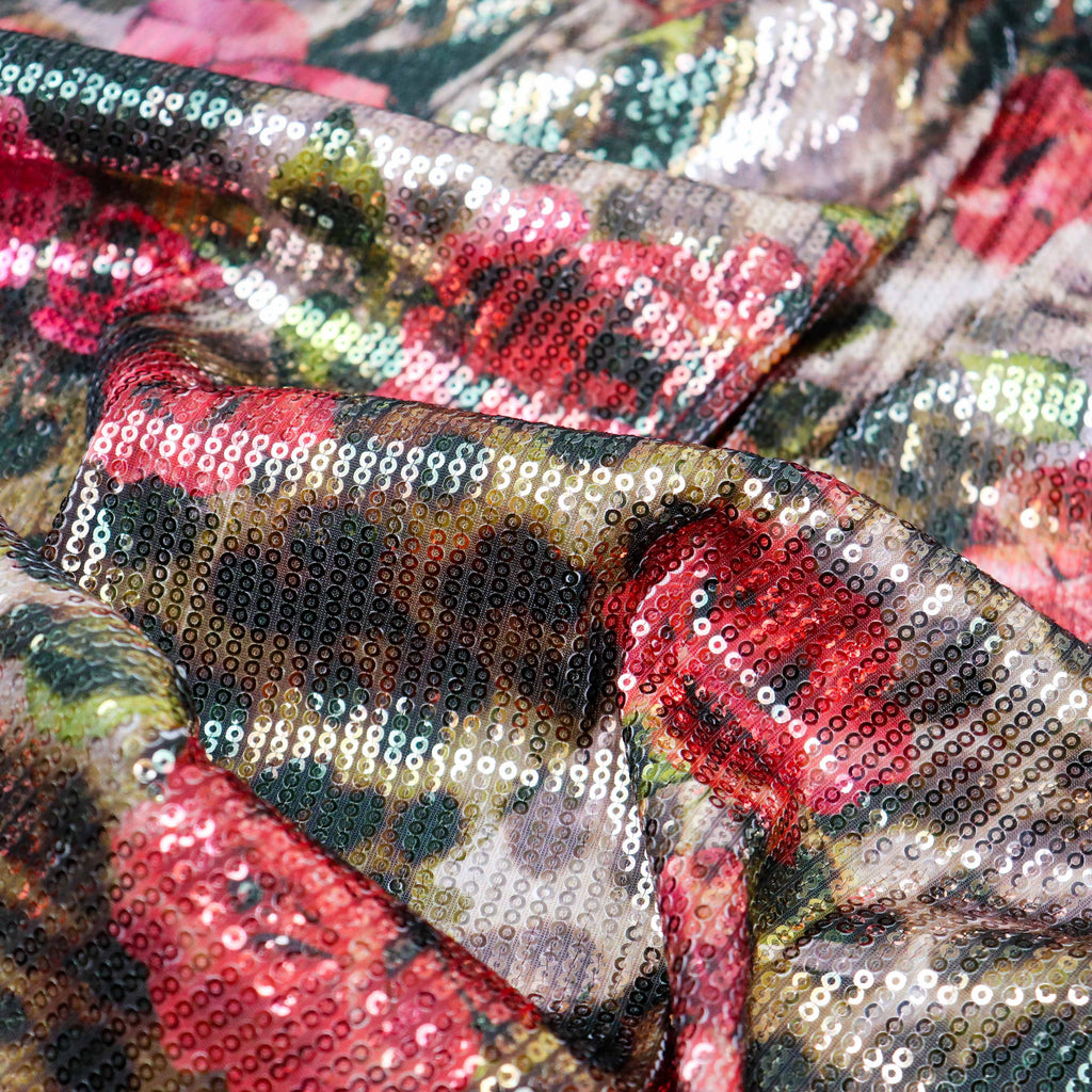 Brown Leopard & Red Rose Floral Print Stretch Sequin Fabric
