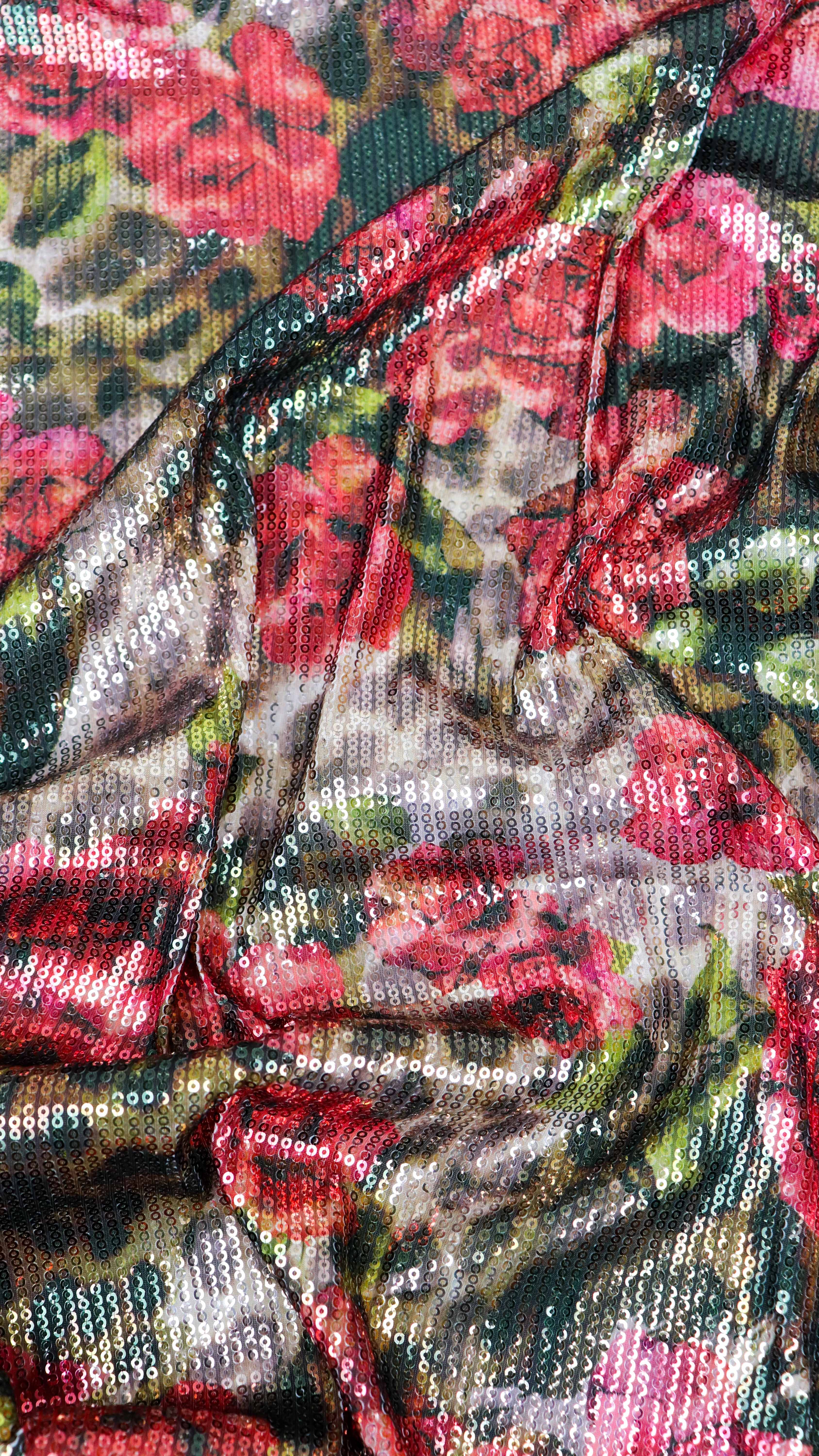 Brown Leopard & Red Rose Floral Print Stretch Sequin Fabric