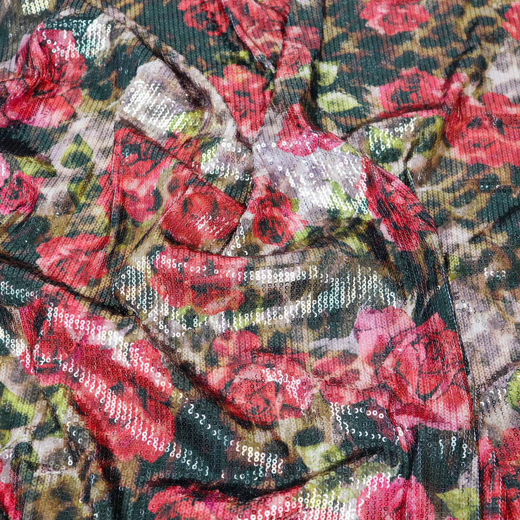 Brown Leopard & Red Rose Floral Print Stretch Sequin Fabric