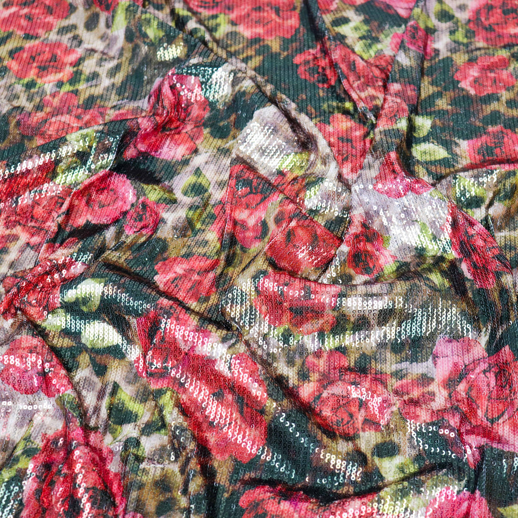 Brown Leopard & Red Rose Floral Print Stretch Sequin Fabric