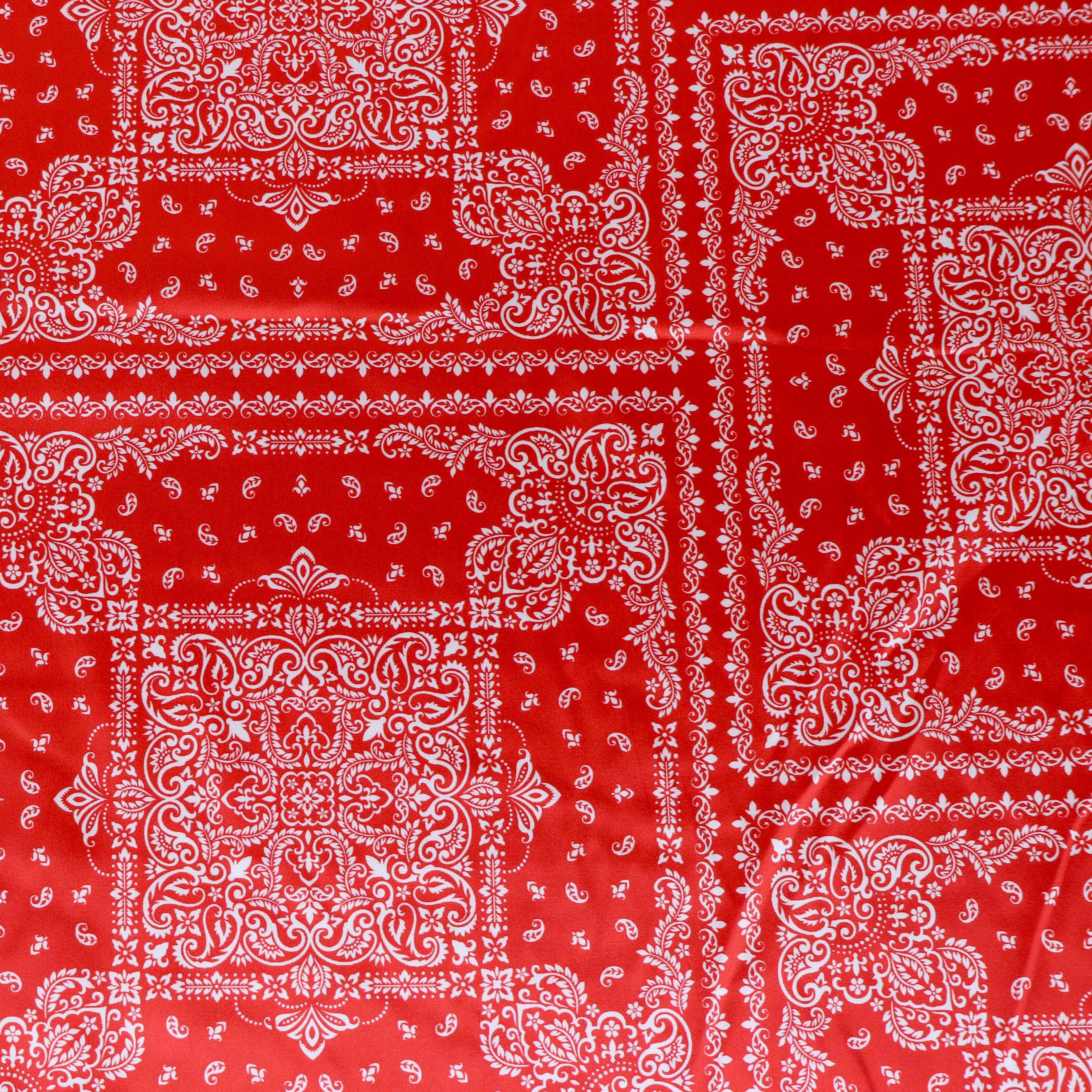 Red Bandana Paisley Print Stretch Satin Dress Fabric