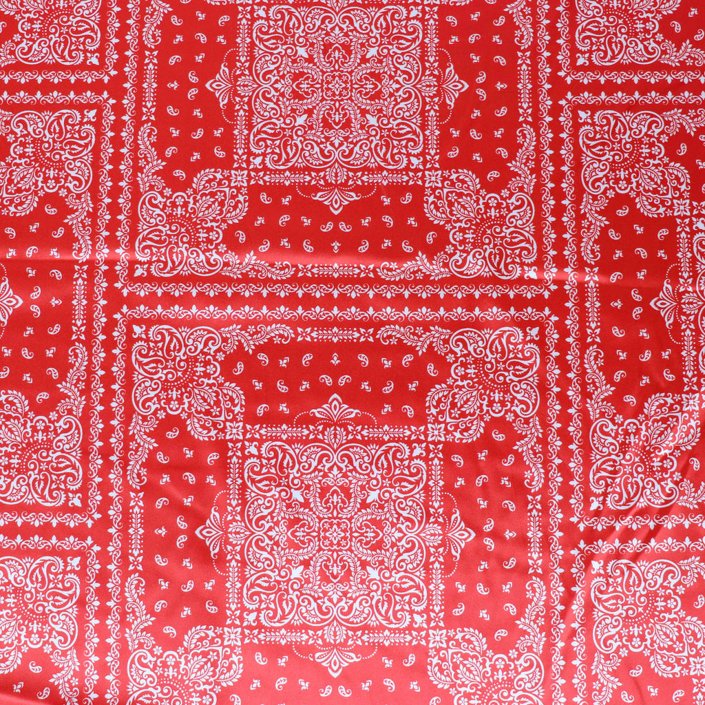 Red Bandana Paisley Print Stretch Satin Dress Fabric