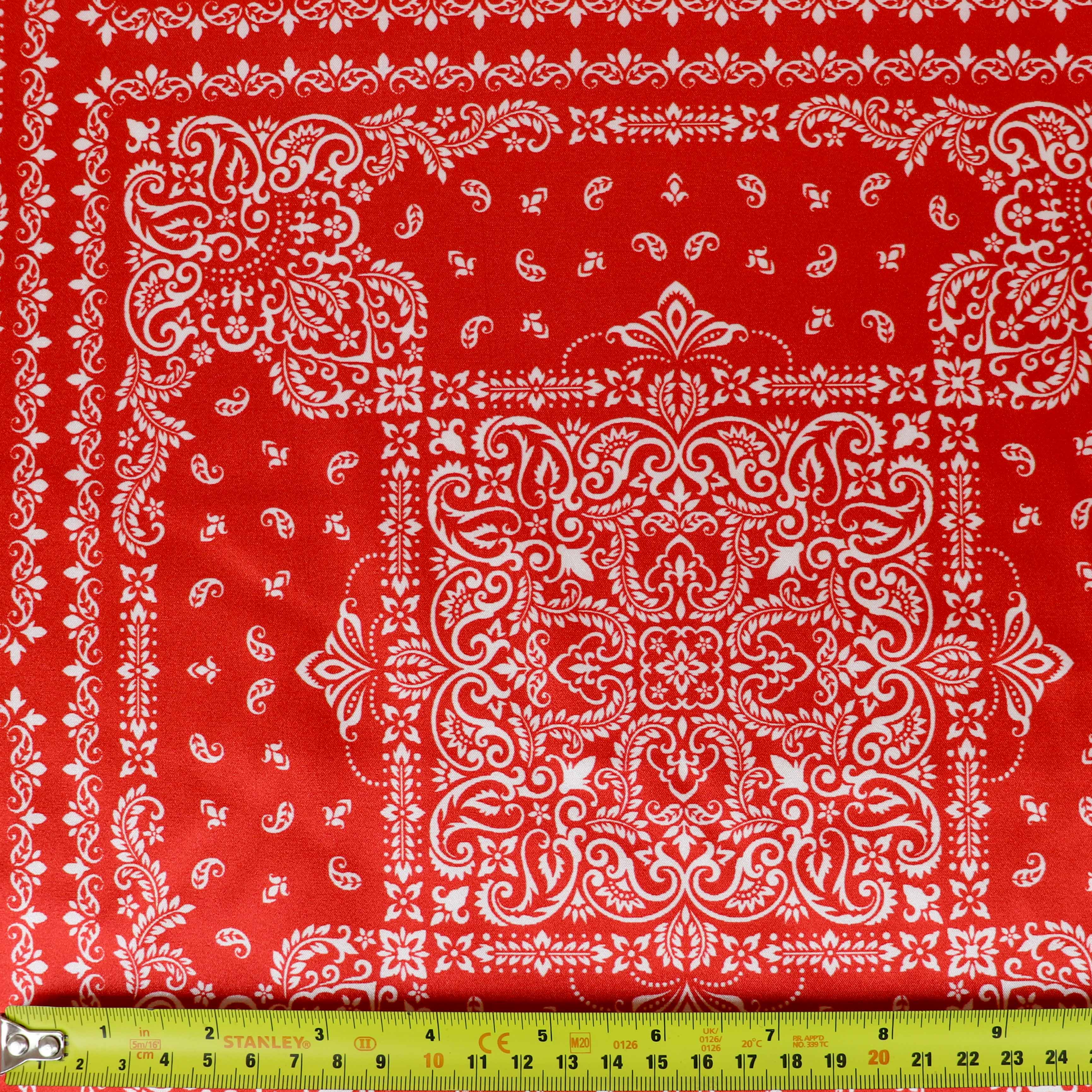 Red Bandana Paisley Print Stretch Satin Dress Fabric
