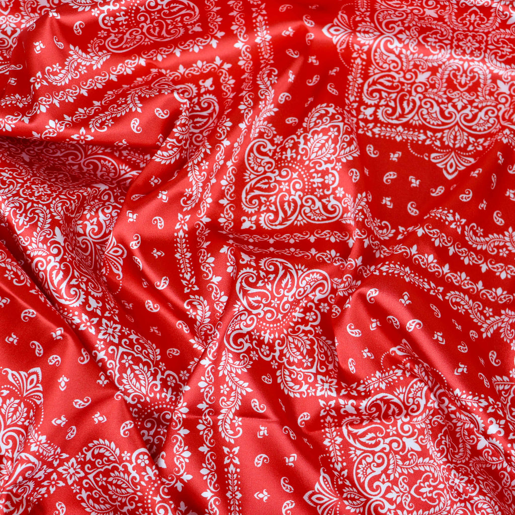 Red Bandana Paisley Print Stretch Satin Dress Fabric