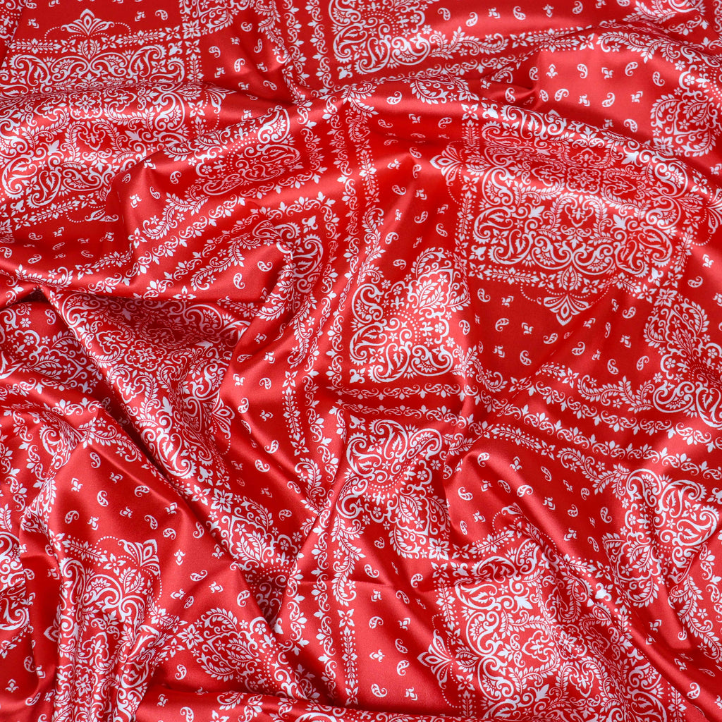 Red Bandana Paisley Print Stretch Satin Dress Fabric