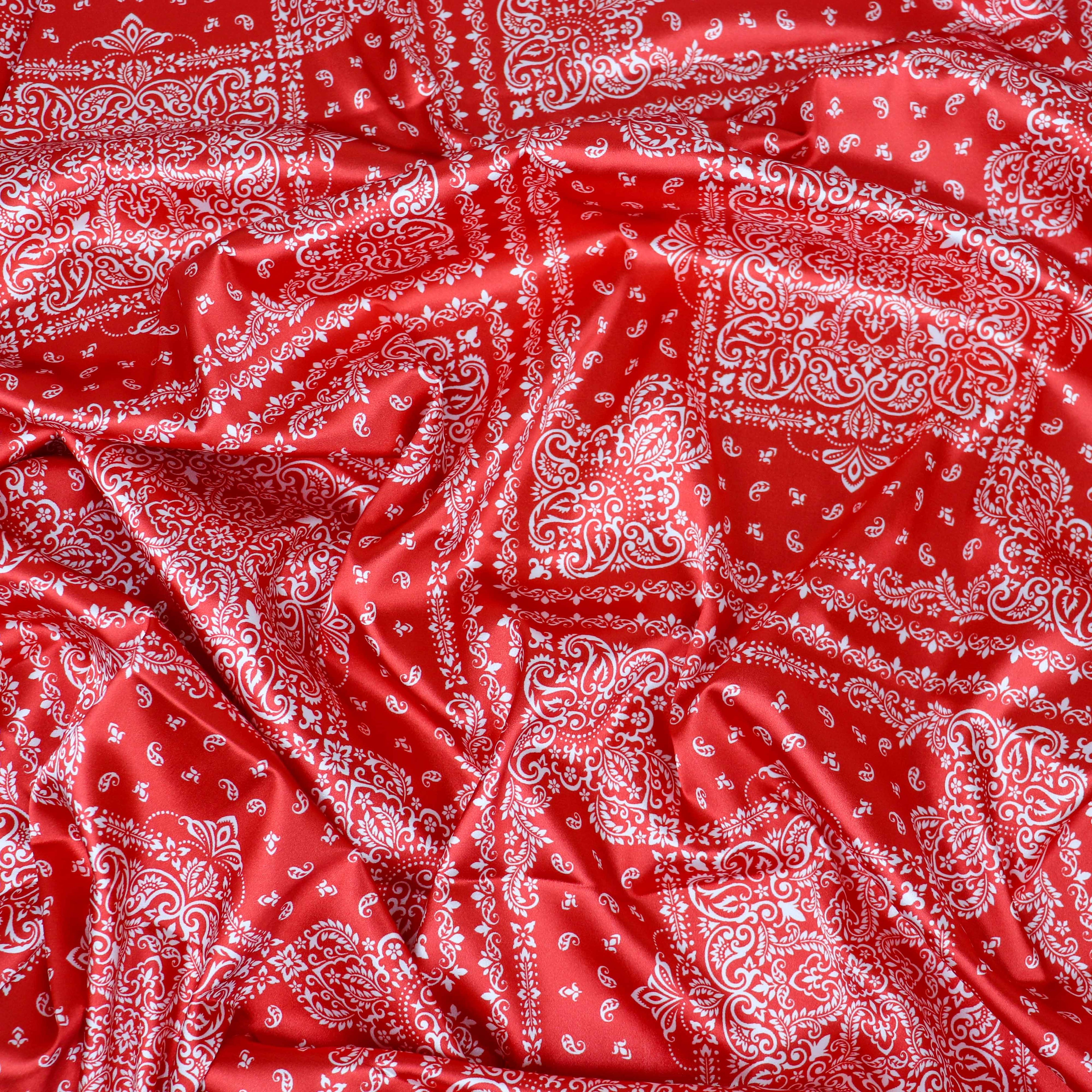 Red Bandana Paisley Print Stretch Satin Dress Fabric
