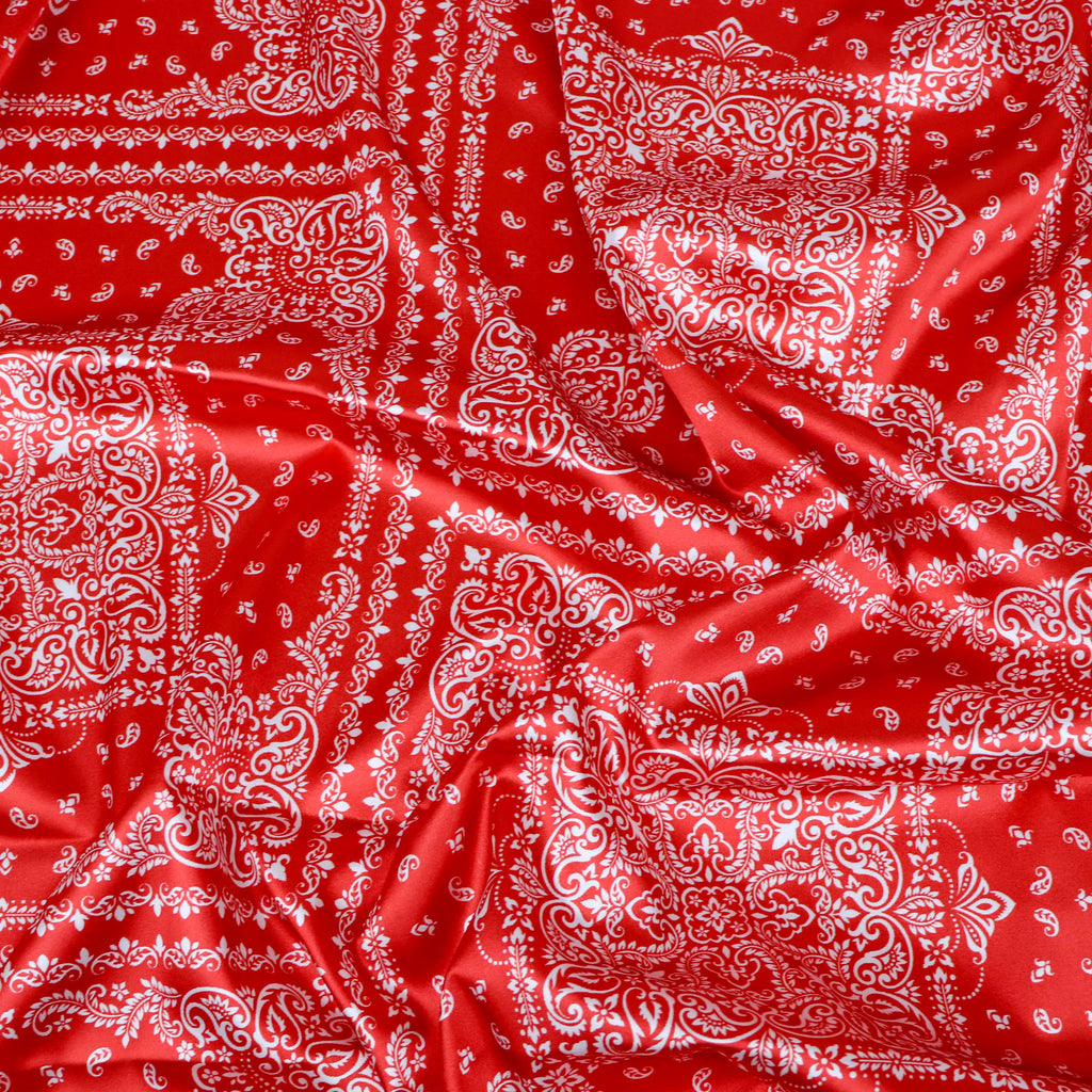 Red Bandana Paisley Print Stretch Satin Dress Fabric