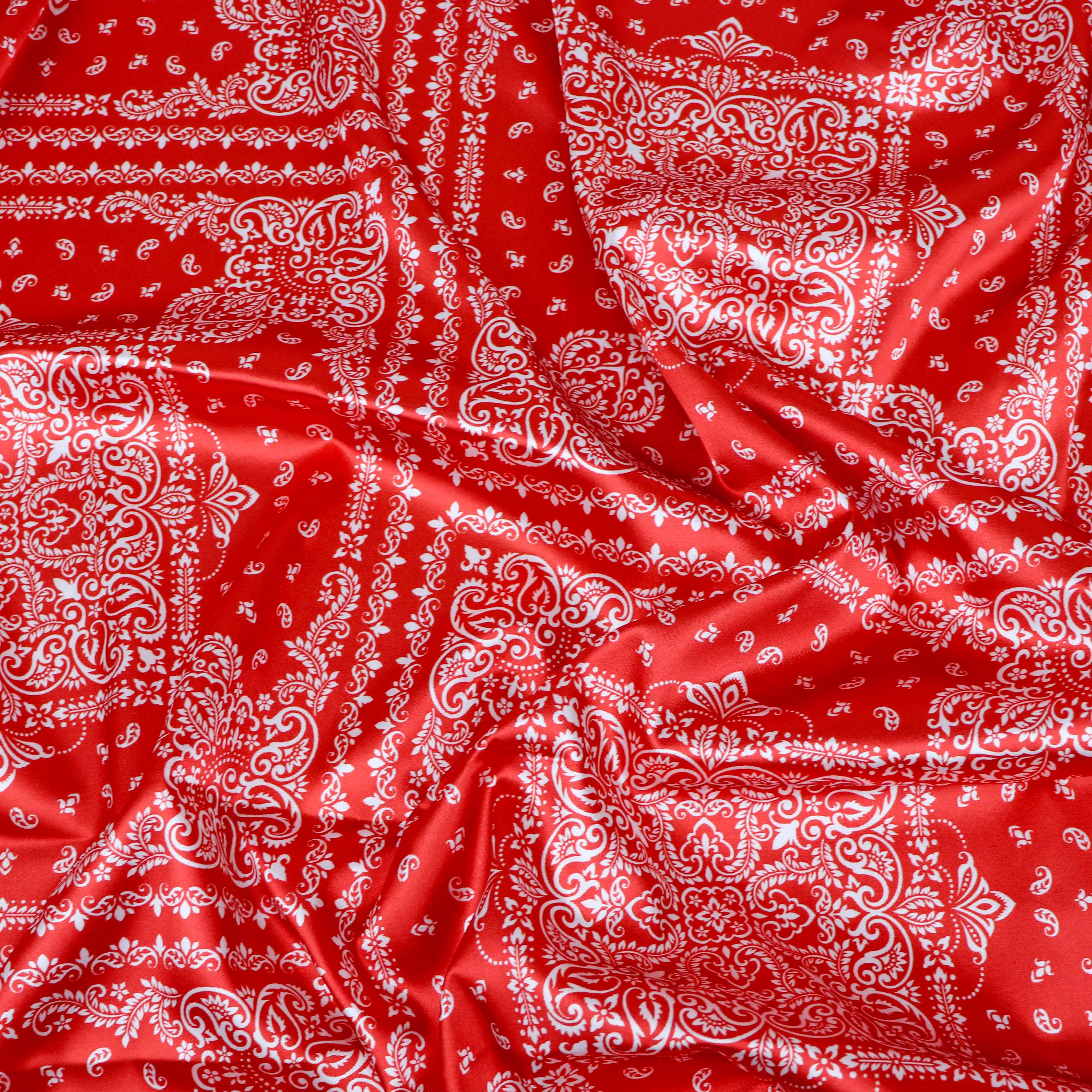 Red Bandana Paisley Print Stretch Satin Dress Fabric