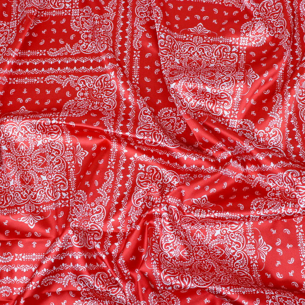 Red Bandana Paisley Print Stretch Satin Dress Fabric