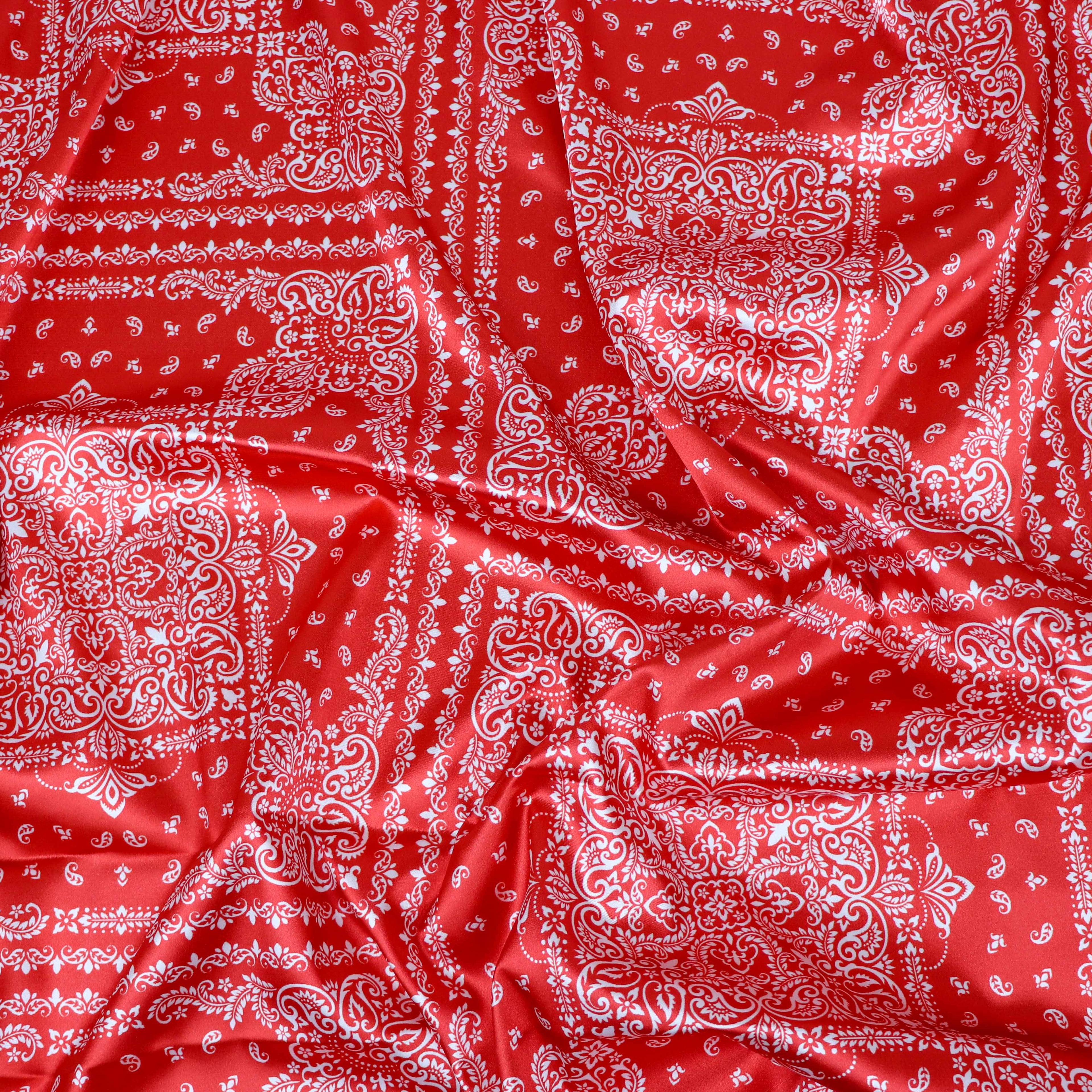 Red Bandana Paisley Print Stretch Satin Dress Fabric