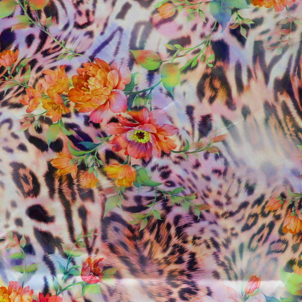 Floral Leopard Animal Print Stretch Satin Dress Fabric