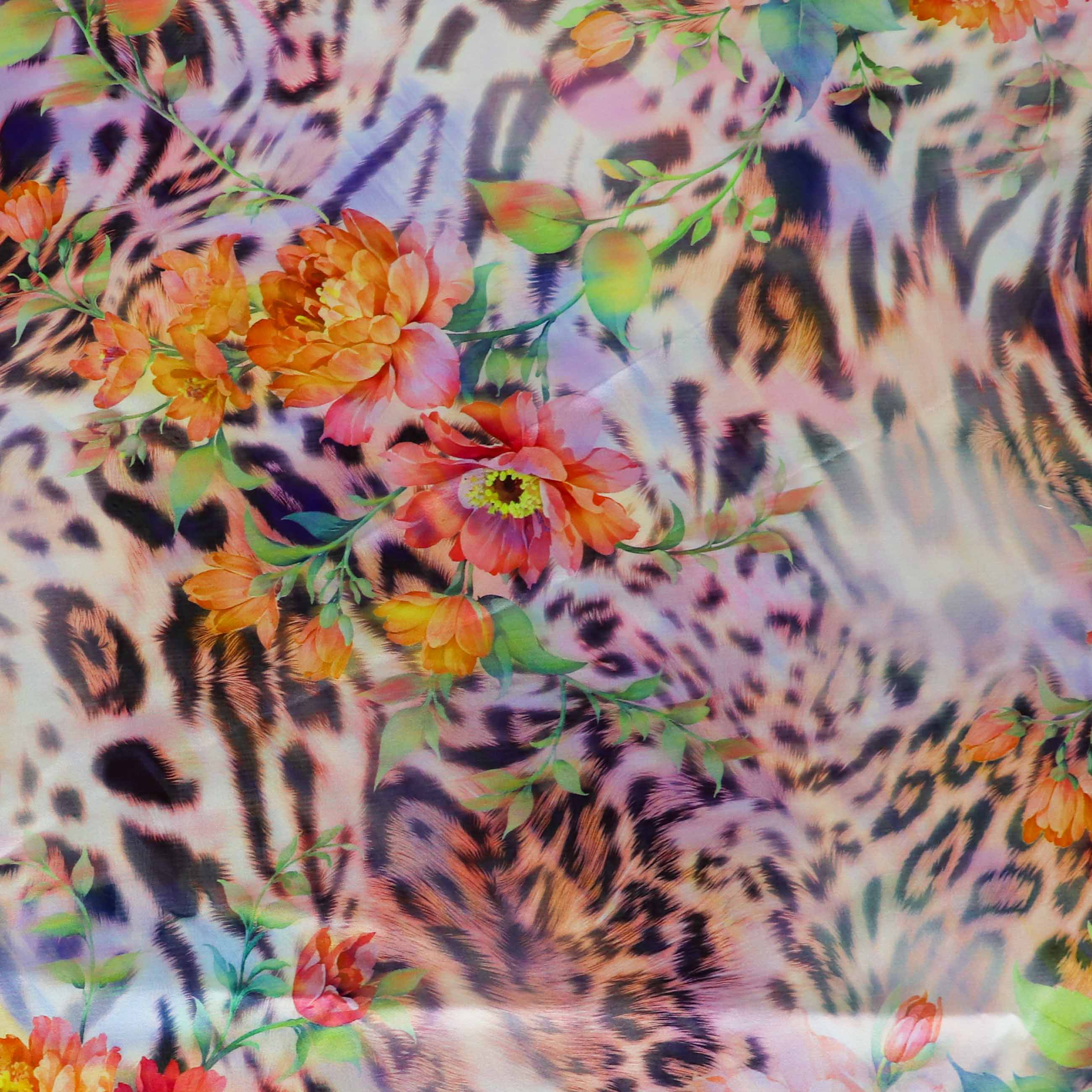 Floral Leopard Animal Print Stretch Satin Dress Fabric