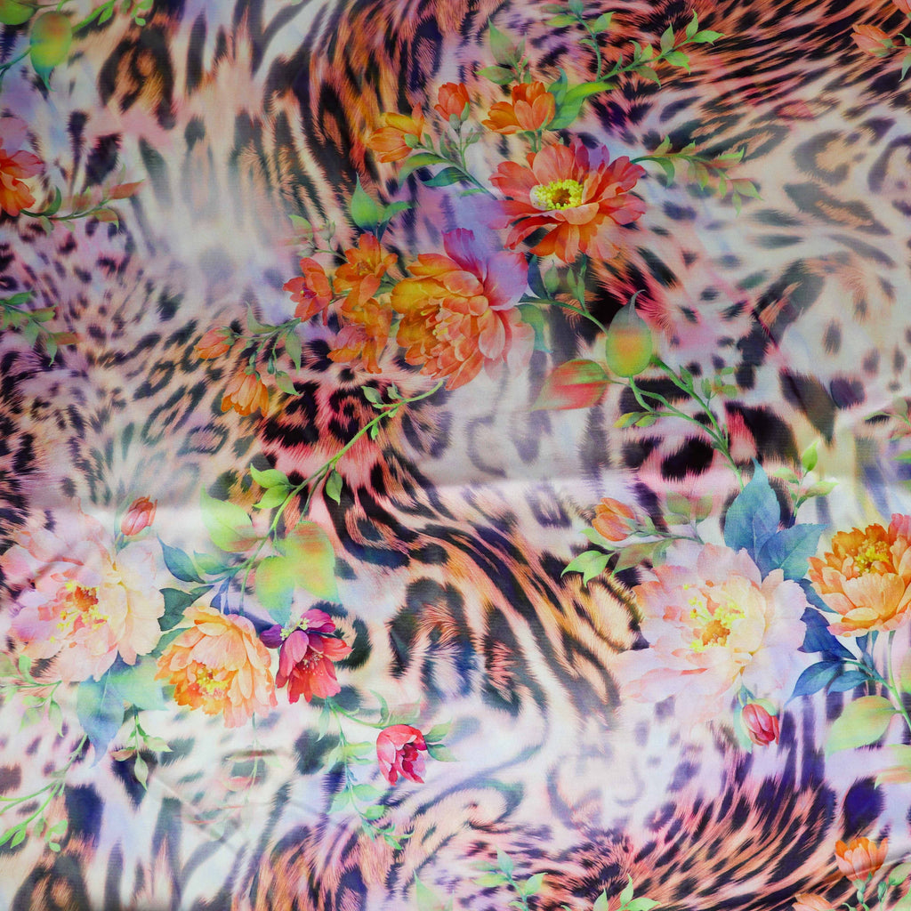 Floral Leopard Animal Print Stretch Satin Dress Fabric