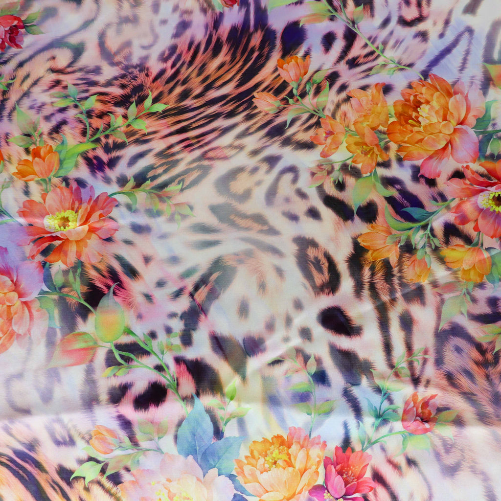 Floral Leopard Animal Print Stretch Satin Dress Fabric