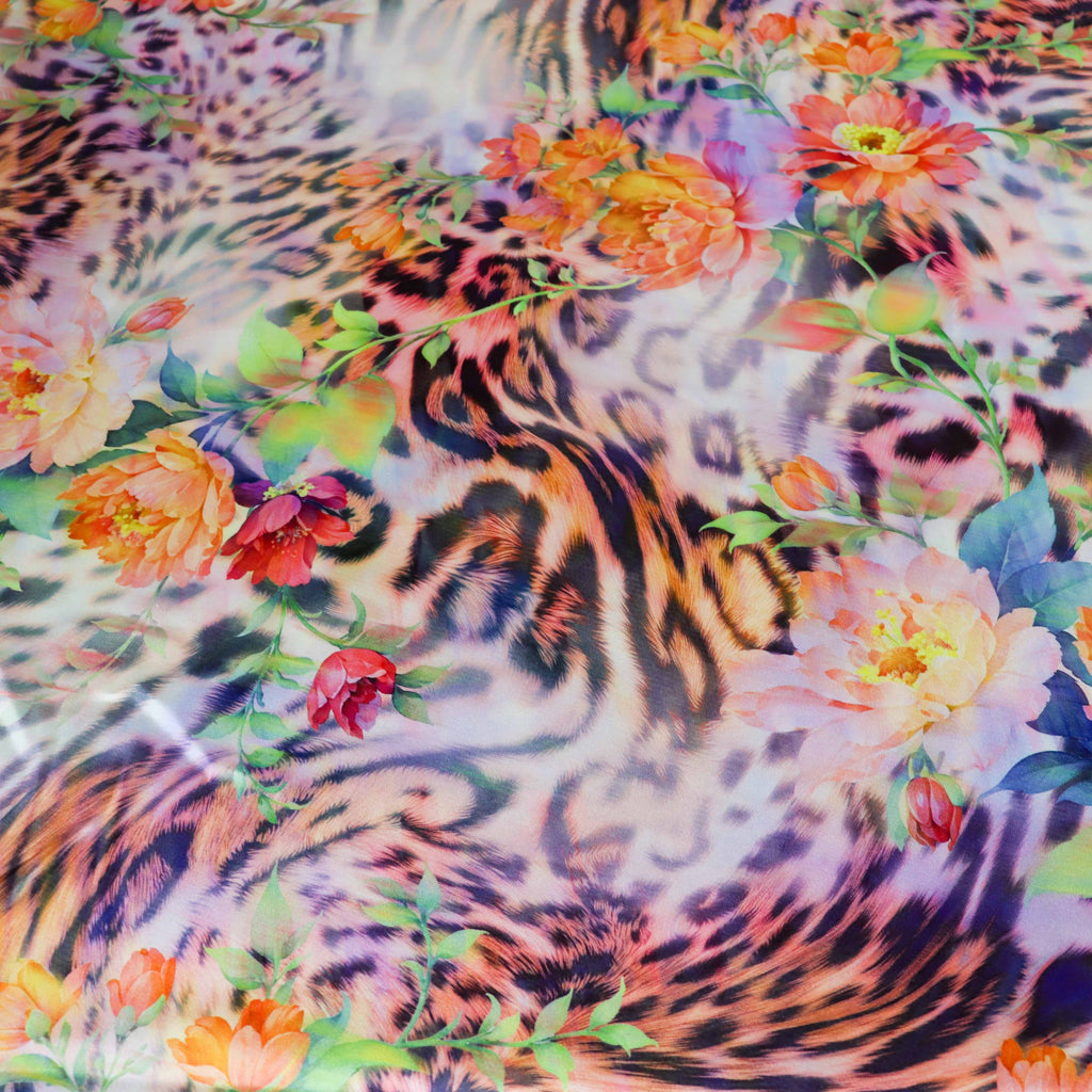 Floral Leopard Animal Print Stretch Satin Dress Fabric