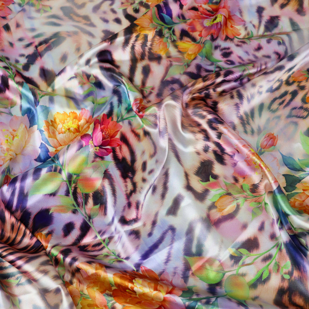 Floral Leopard Animal Print Stretch Satin Dress Fabric