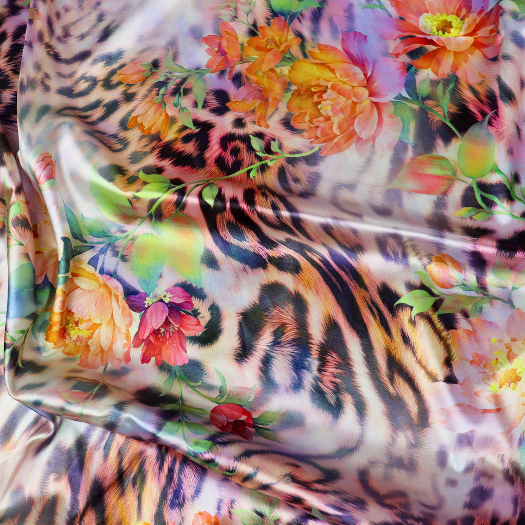 Floral Leopard Animal Print Stretch Satin Dress Fabric