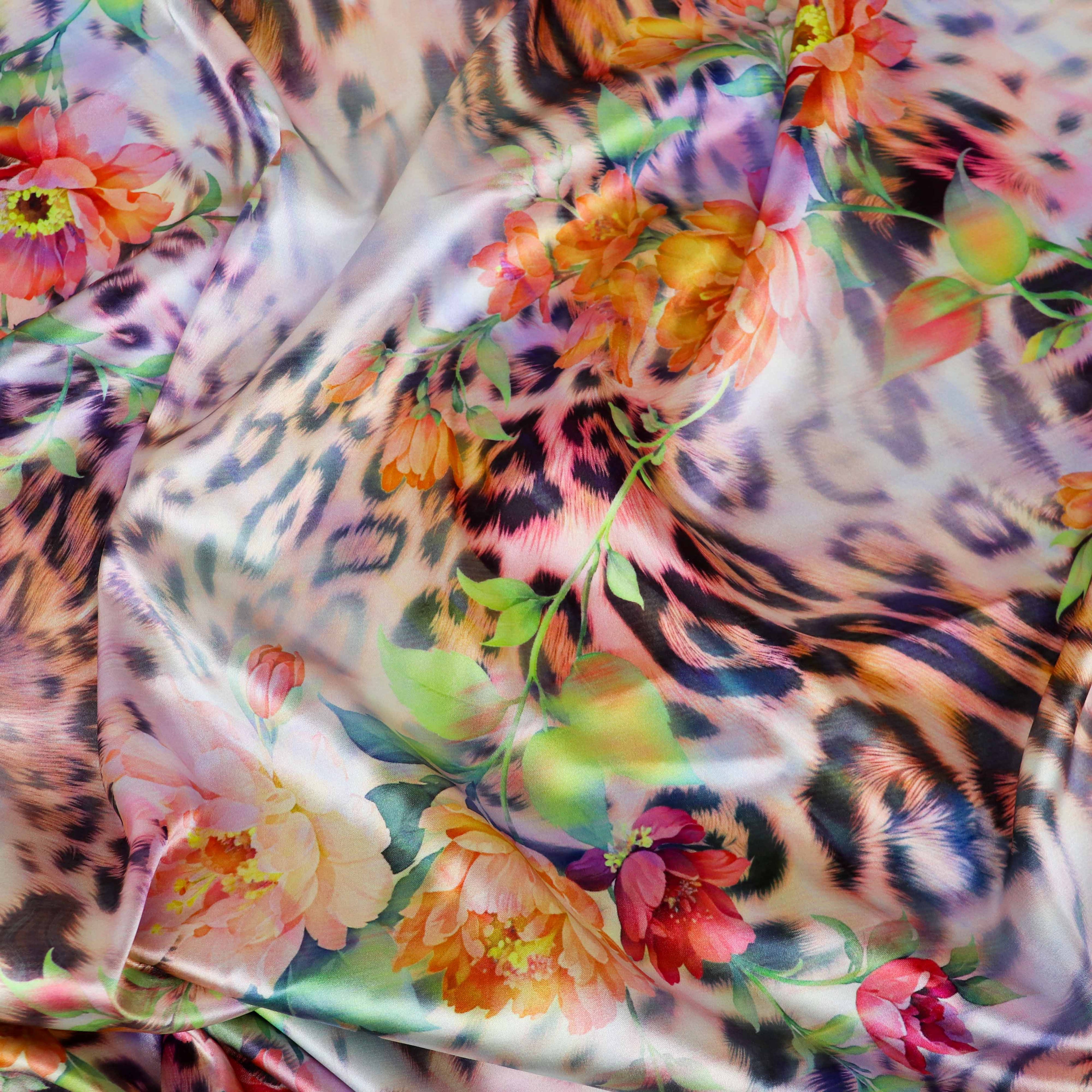 Floral Leopard Animal Print Stretch Satin Dress Fabric