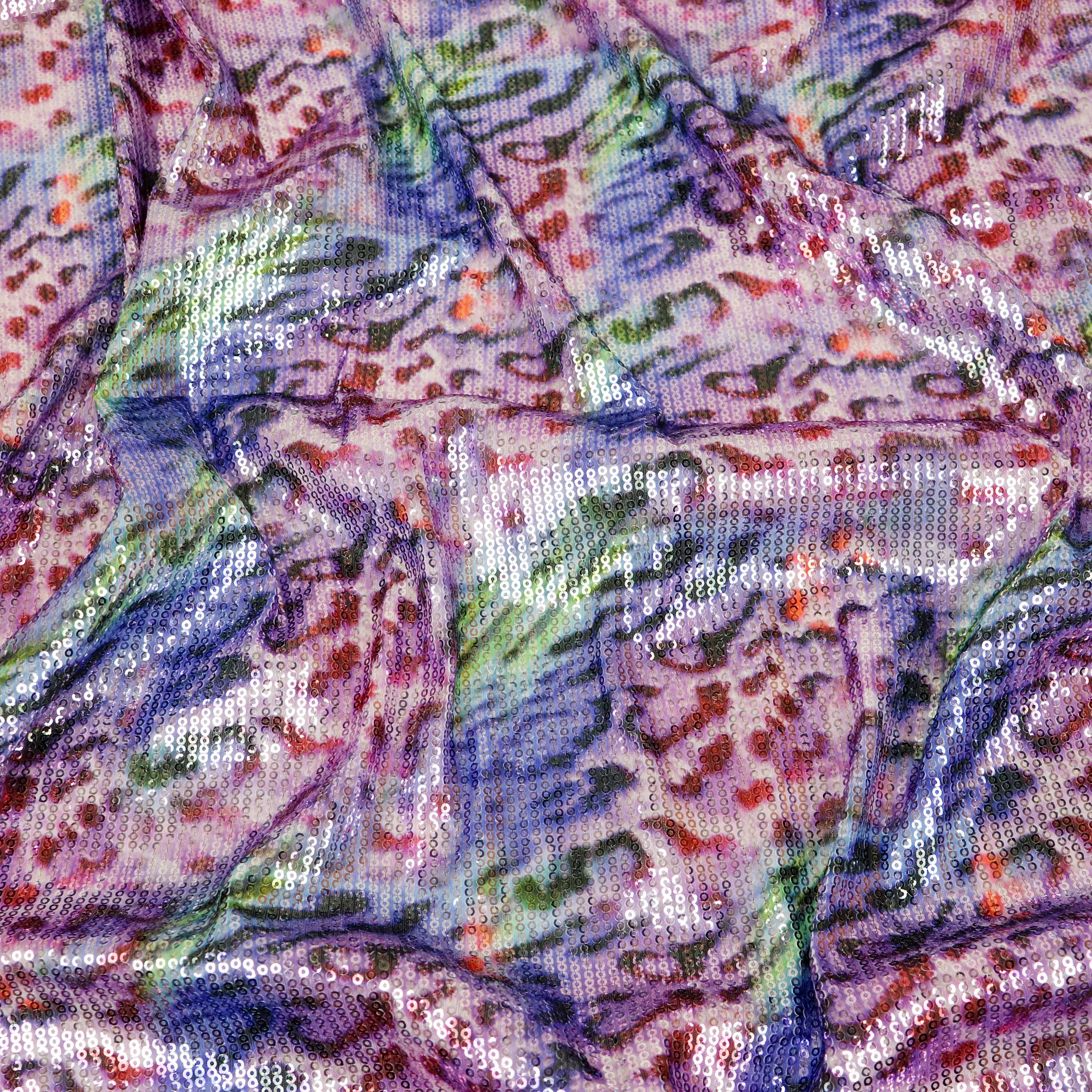 Pastel Multicolour Leopard Print Stretch Sequin Fabric