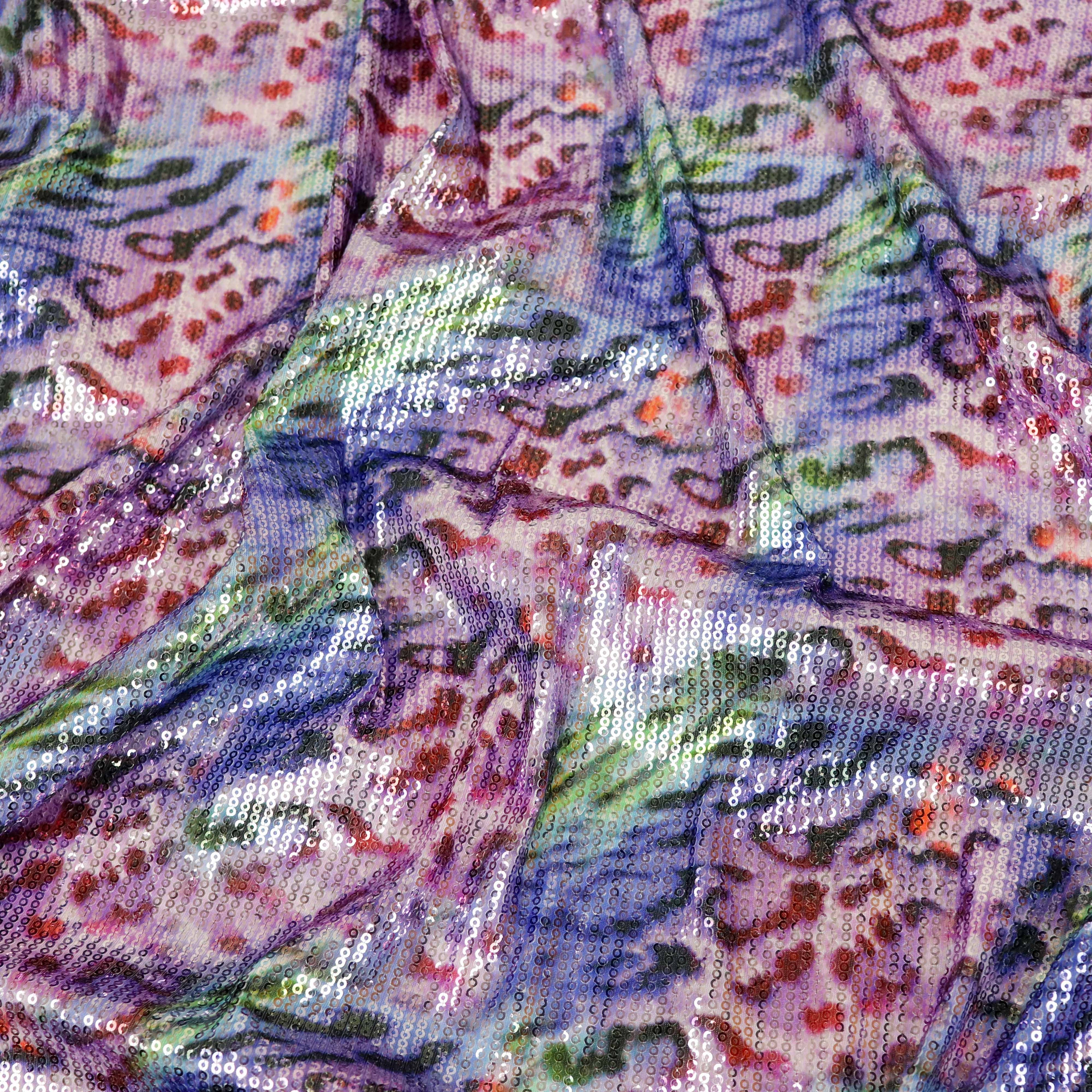 Pastel Multicolour Leopard Print Stretch Sequin Fabric