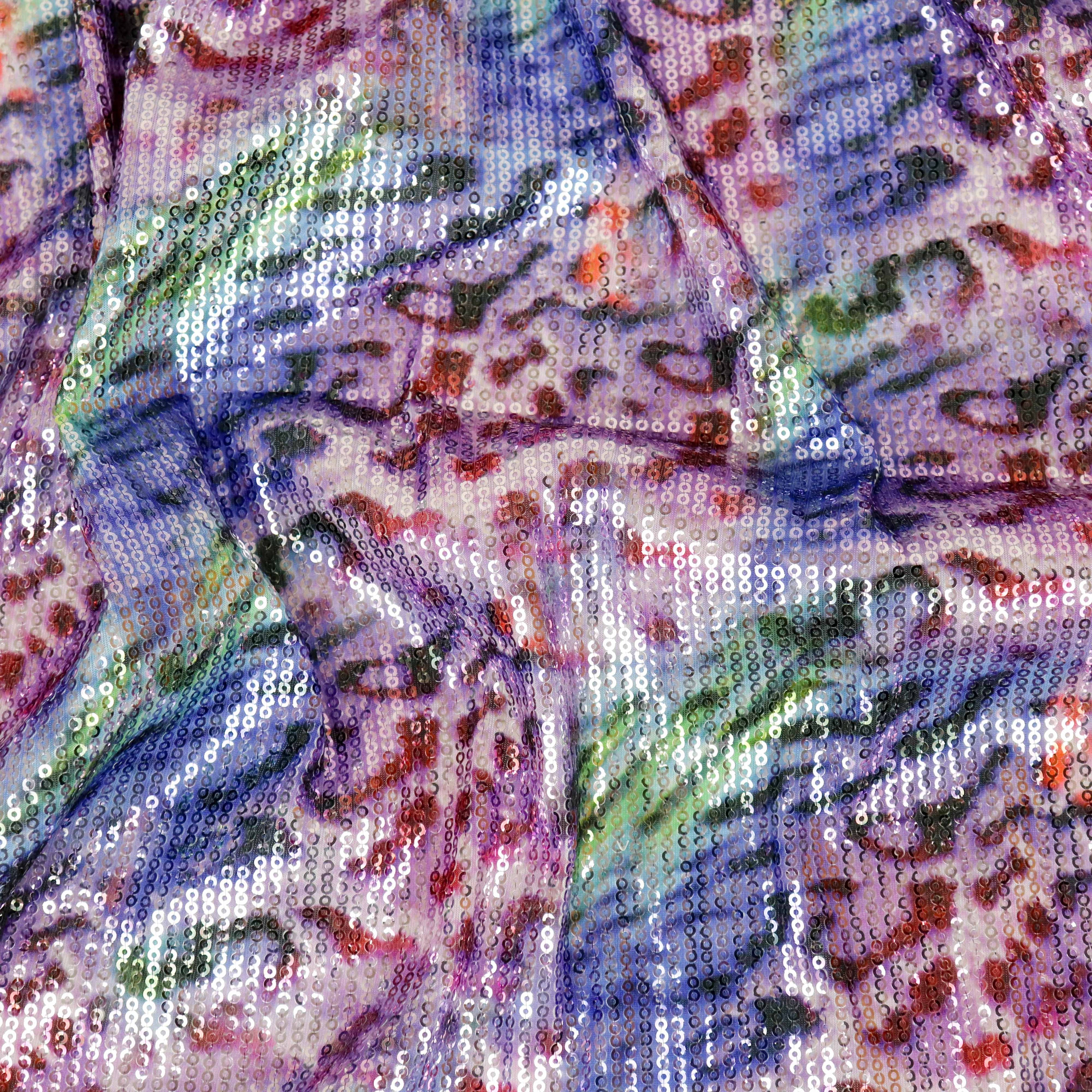 Pastel Multicolour Leopard Print Stretch Sequin Fabric