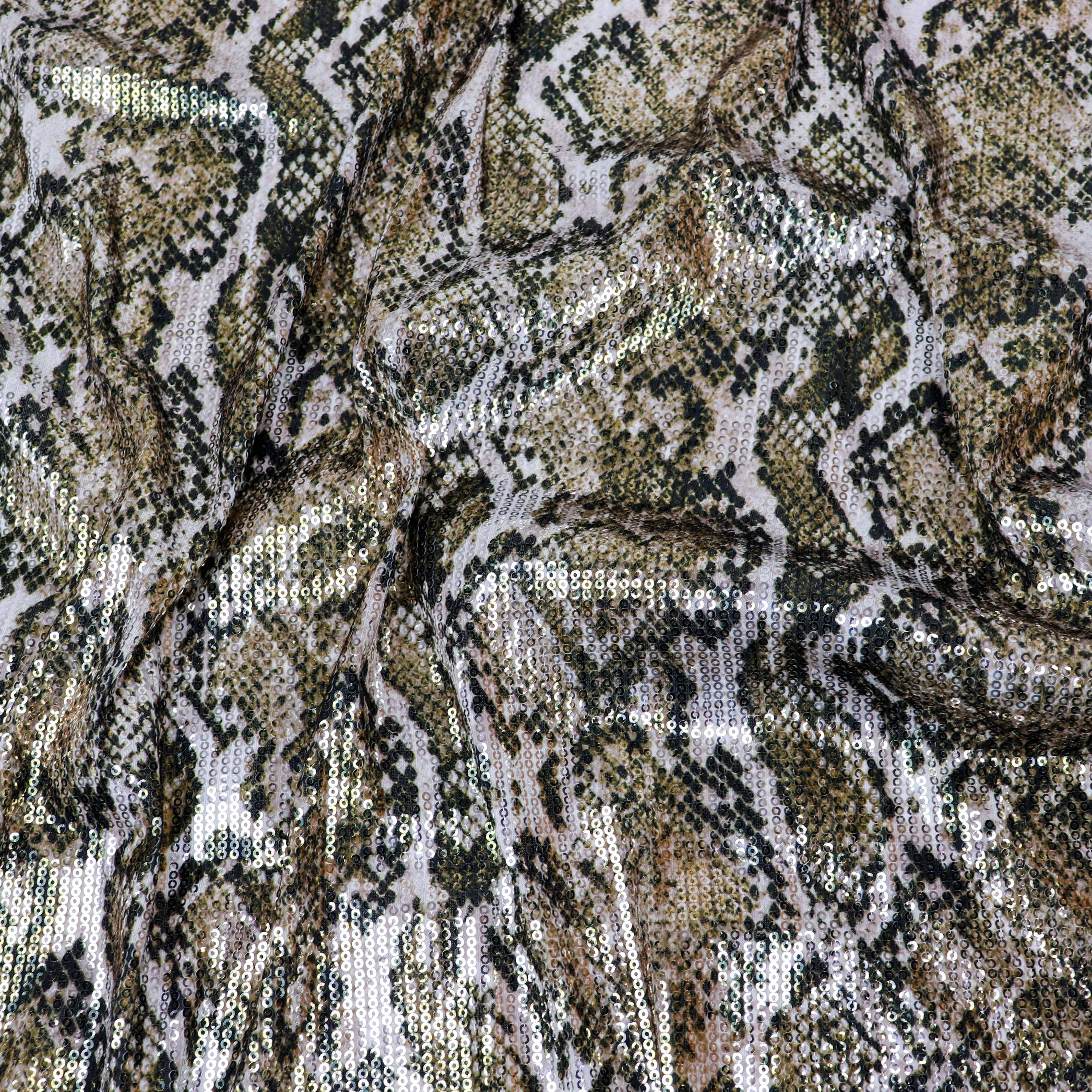 Natural Snakeskin Print Stretch Sequin Fabric
