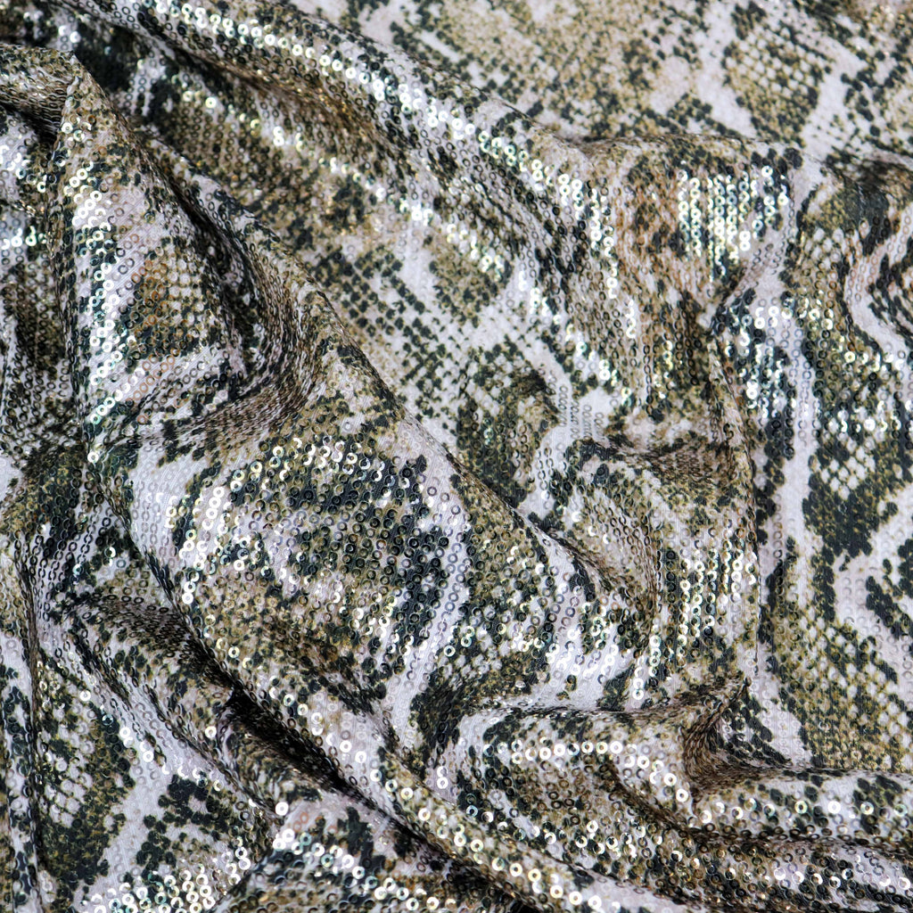 Natural Snakeskin Print Stretch Sequin Fabric