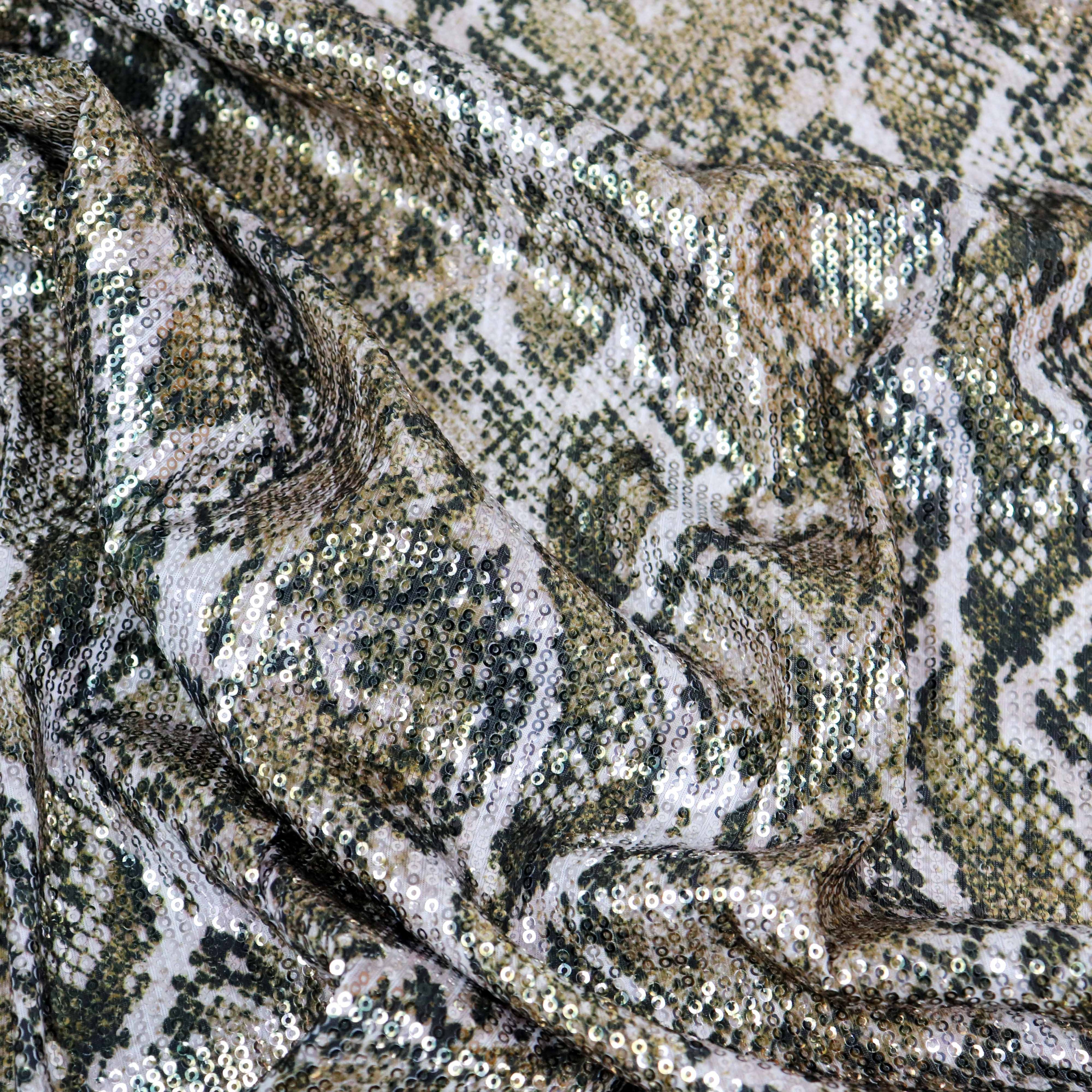 Natural Snakeskin Print Stretch Sequin Fabric