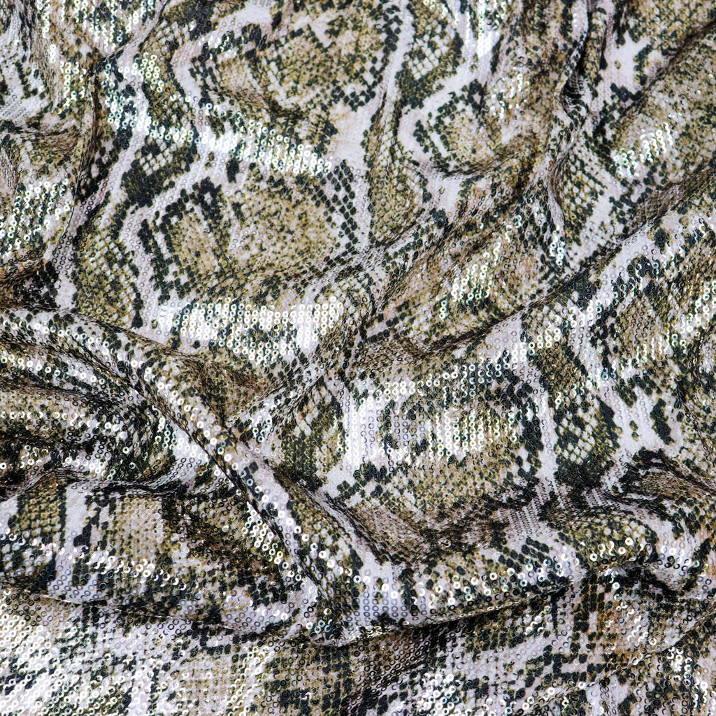 Natural Snakeskin Print Stretch Sequin Fabric