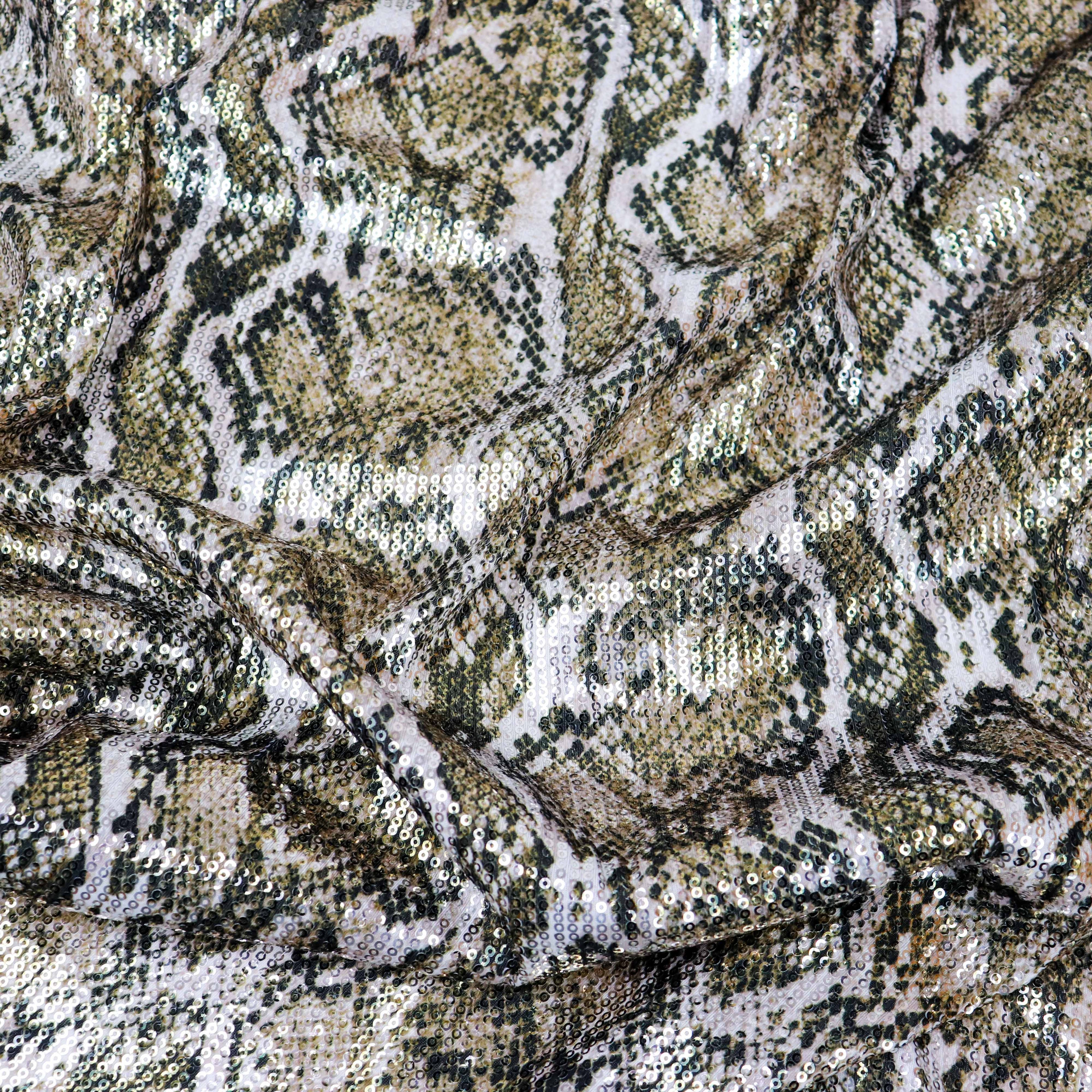 Natural Snakeskin Print Stretch Sequin Fabric