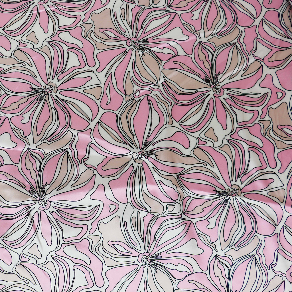 Pink Abstract Floral Print Stretch Satin Dress Fabric