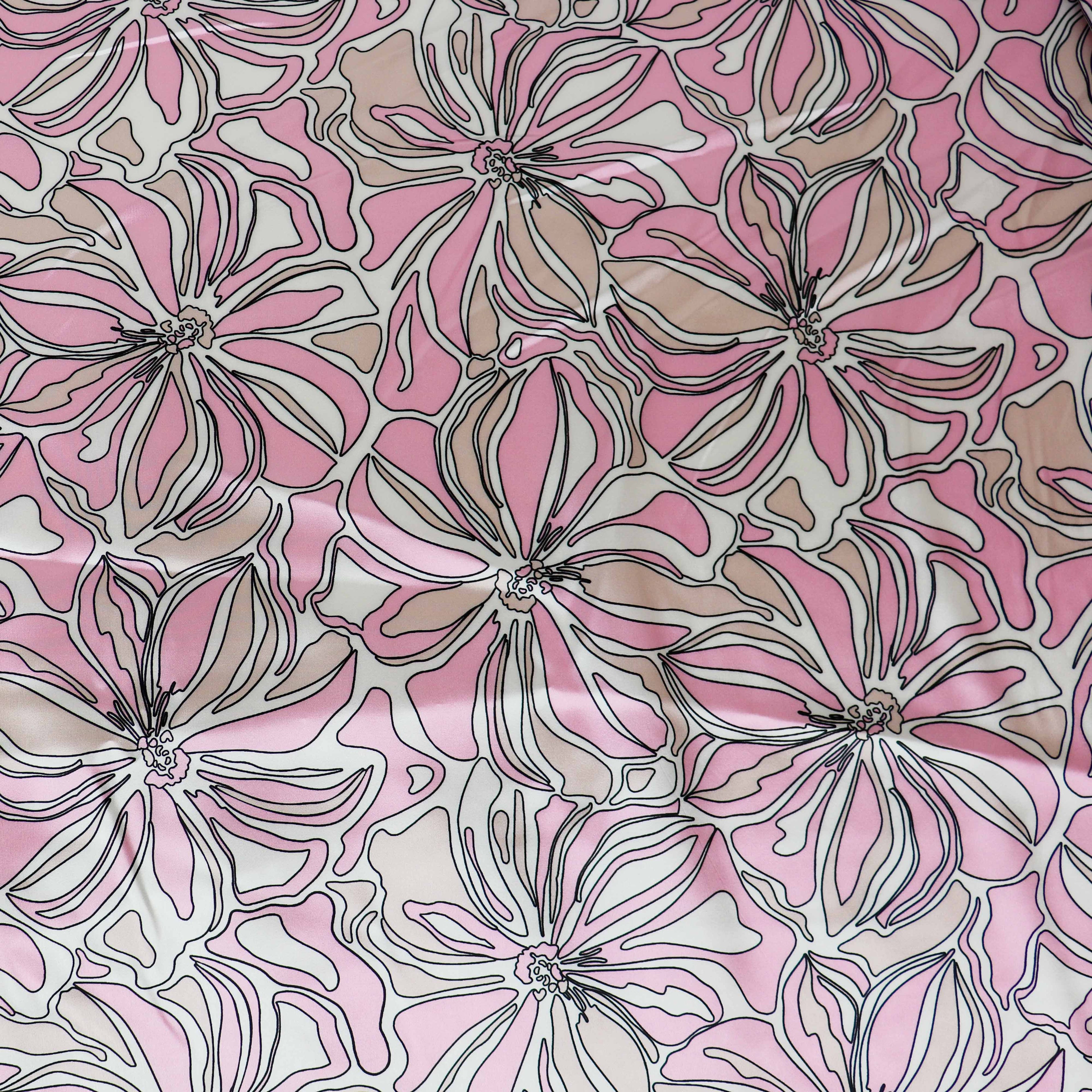 Pink Abstract Floral Print Stretch Satin Dress Fabric