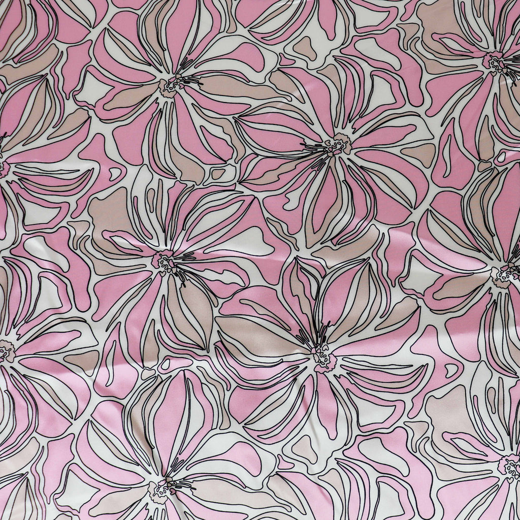 Pink Abstract Floral Print Stretch Satin Dress Fabric