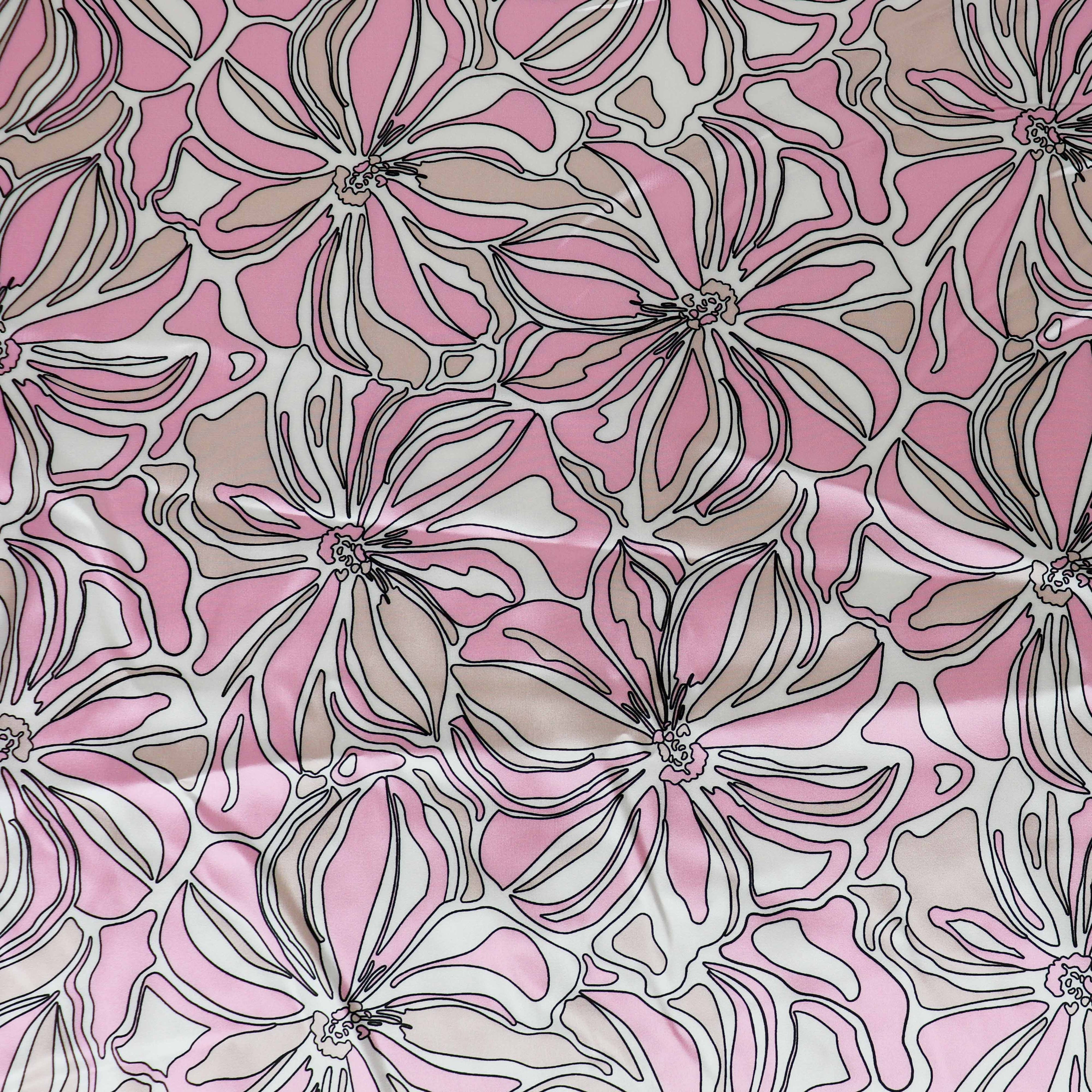 Pink Abstract Floral Print Stretch Satin Dress Fabric