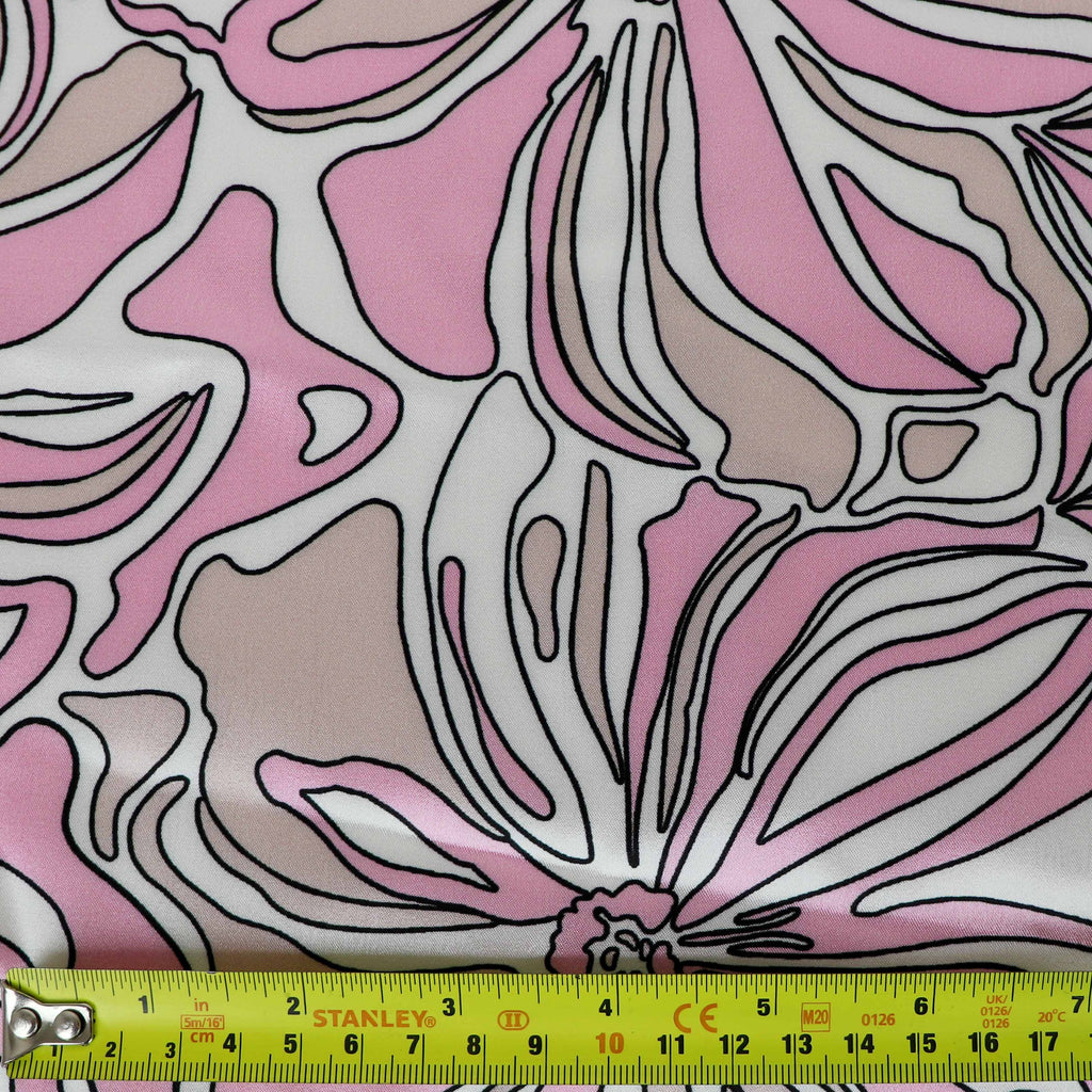 Pink Abstract Floral Print Stretch Satin Dress Fabric