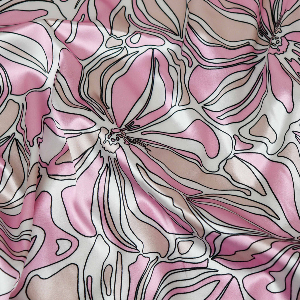 Pink Abstract Floral Print Stretch Satin Dress Fabric