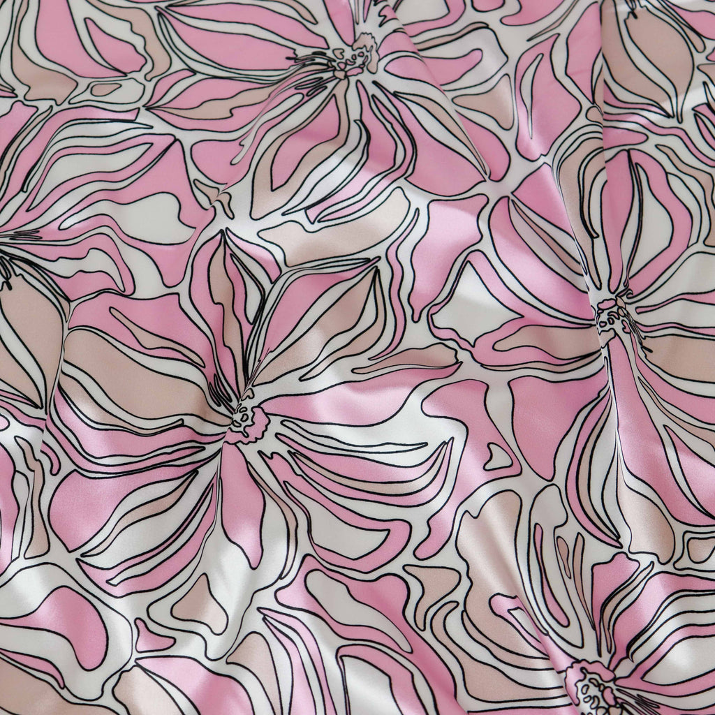 Pink Abstract Floral Print Stretch Satin Dress Fabric