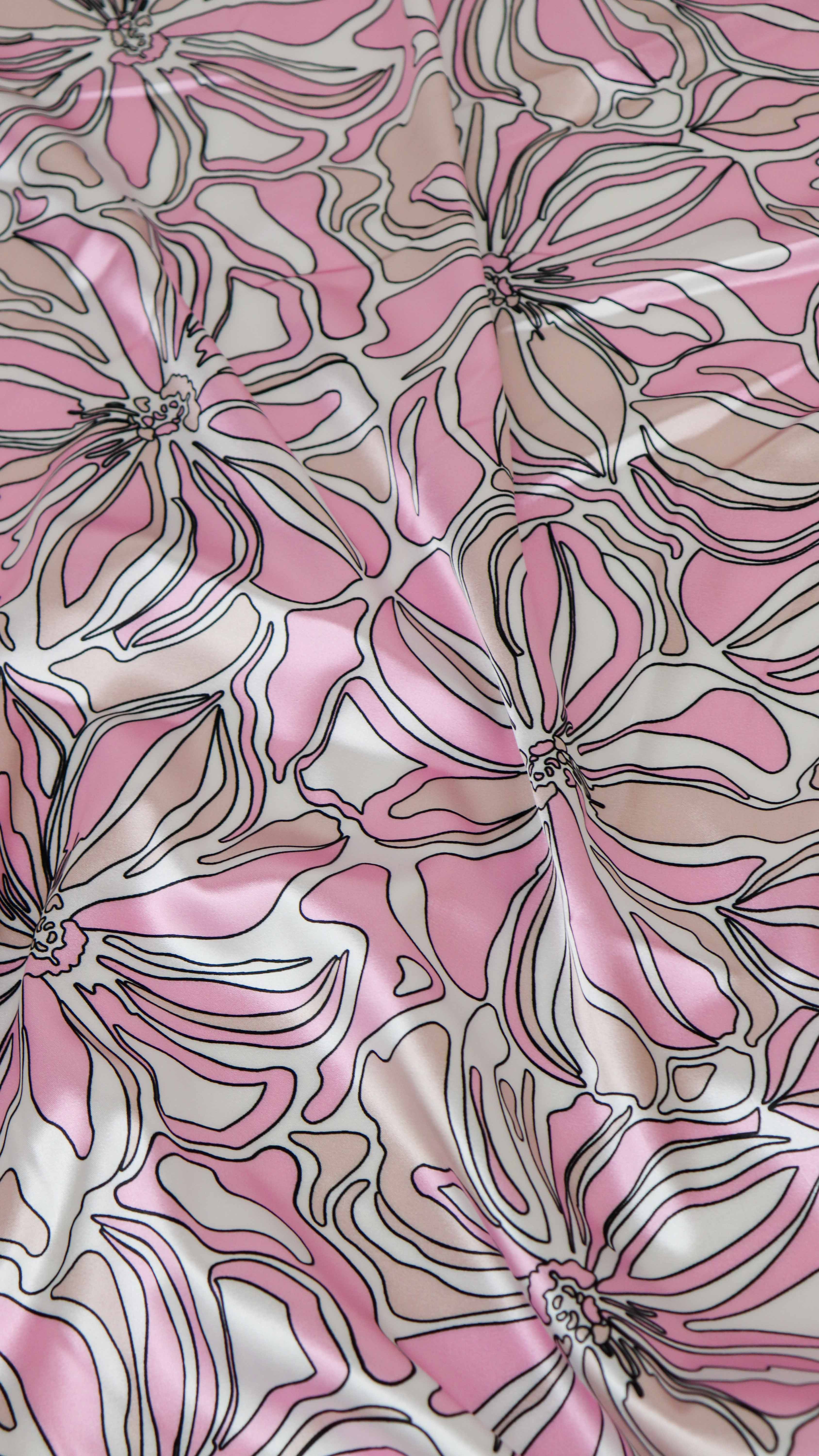 Pink Abstract Floral Print Stretch Satin Dress Fabric