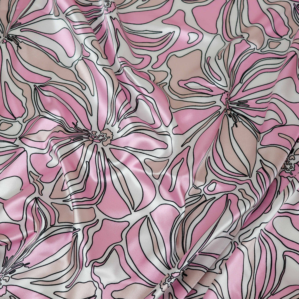 Pink Abstract Floral Print Stretch Satin Dress Fabric