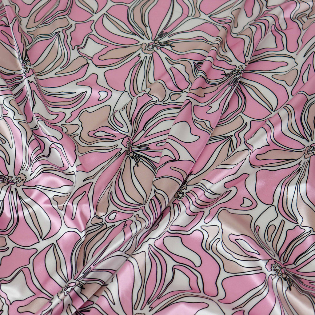 Pink Abstract Floral Print Stretch Satin Dress Fabric