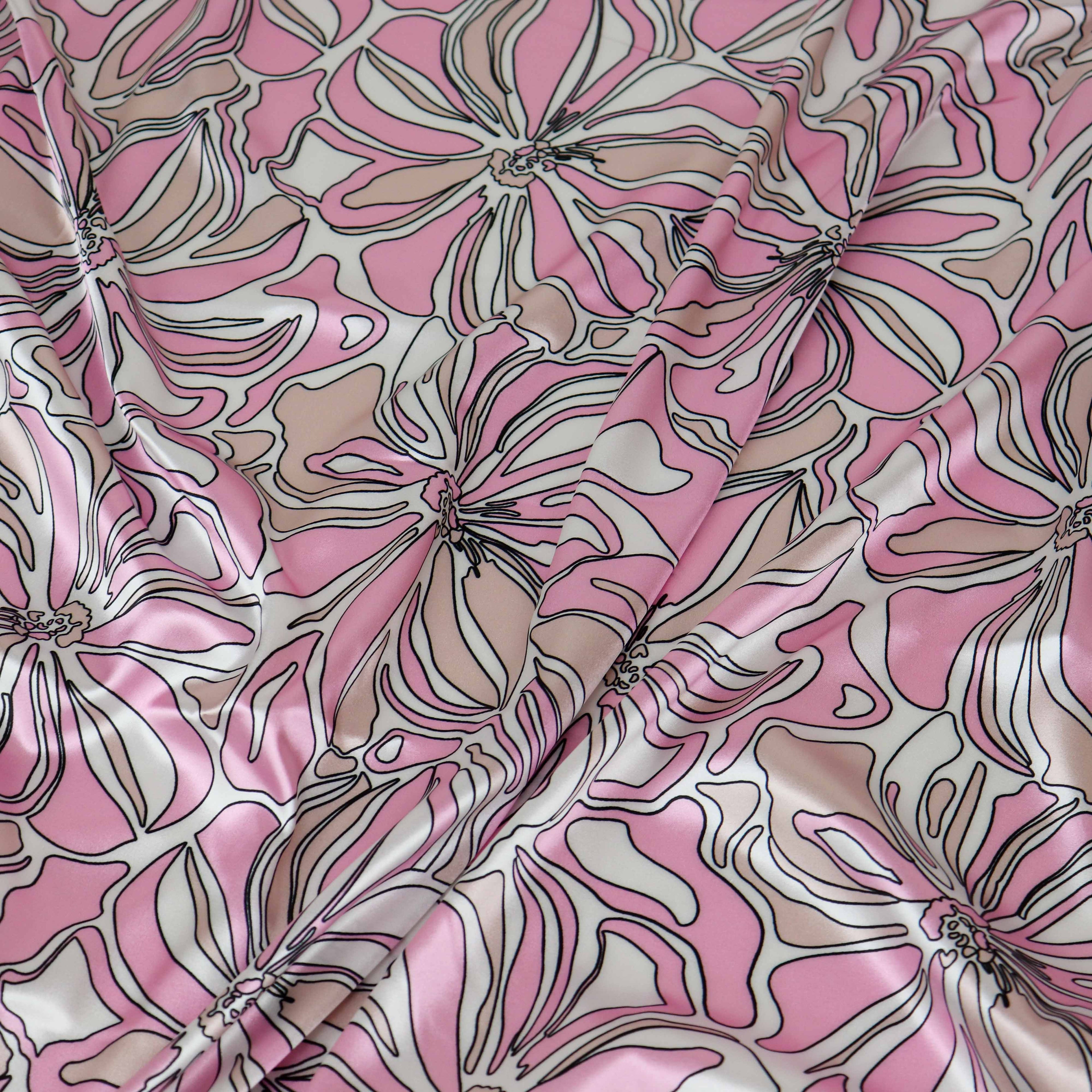 Pink Abstract Floral Print Stretch Satin Dress Fabric
