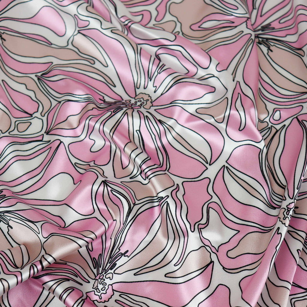 Pink Abstract Floral Print Stretch Satin Dress Fabric