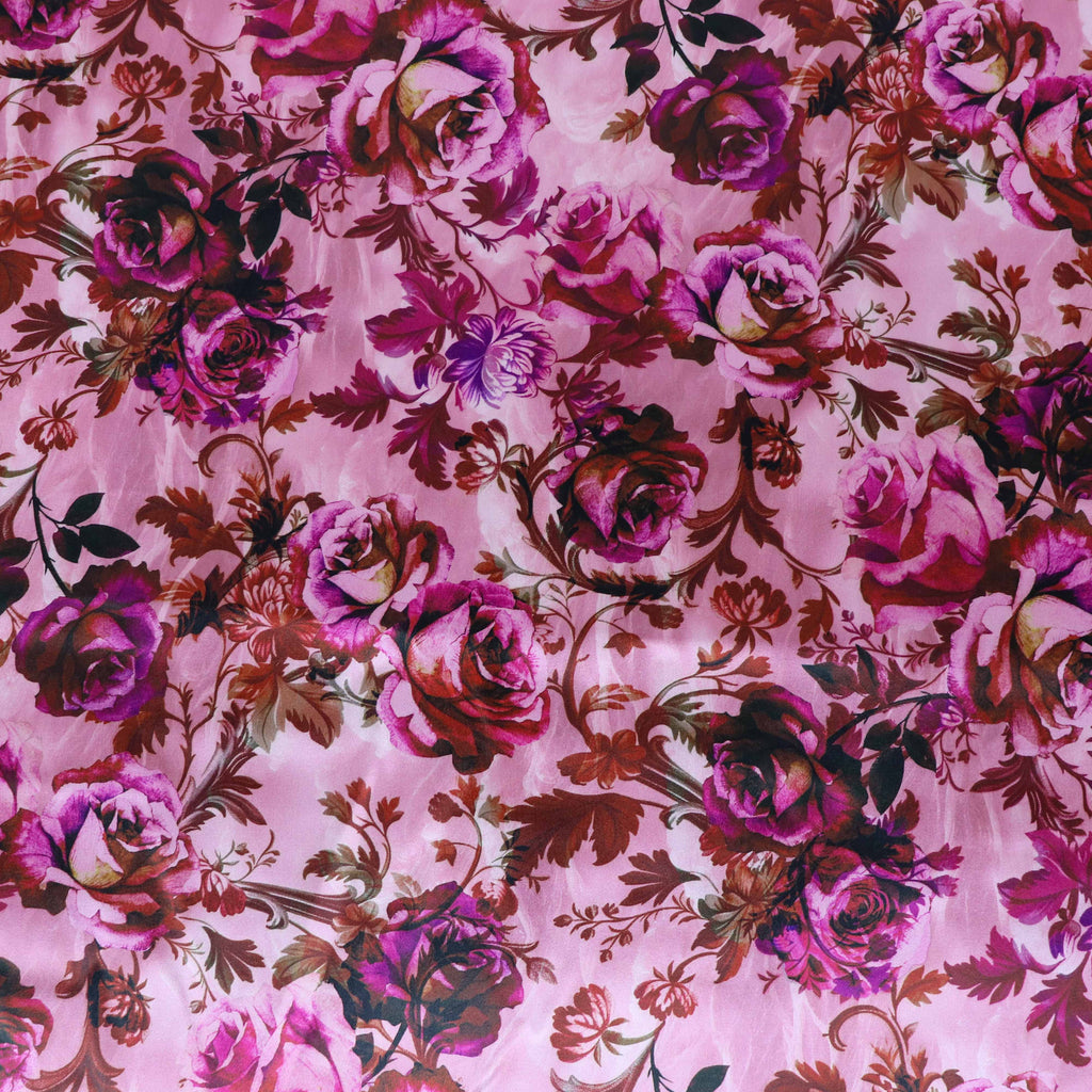 Pink Rose Floral Print Stretch Satin Dress Fabric