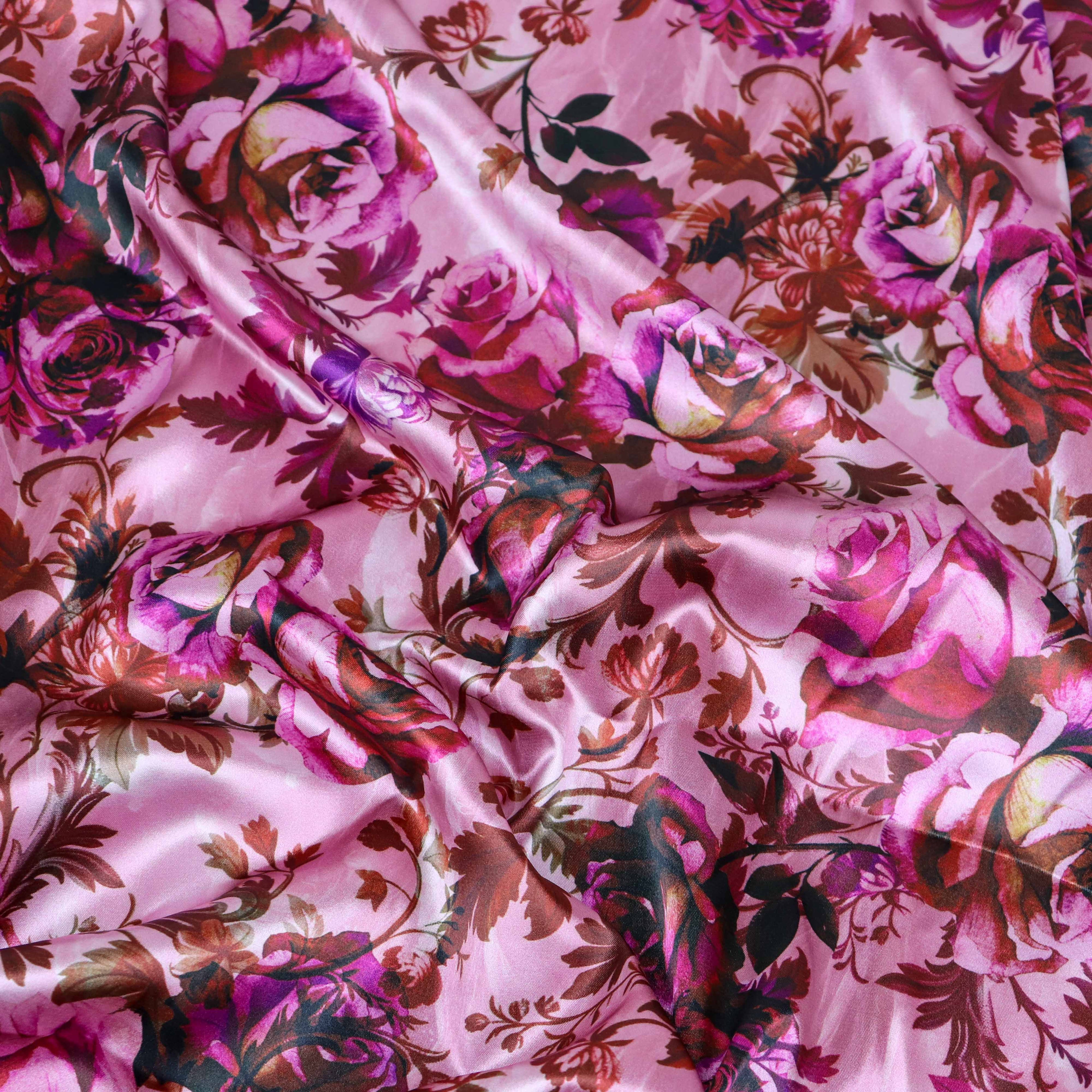 Pink Rose Floral Print Stretch Satin Dress Fabric